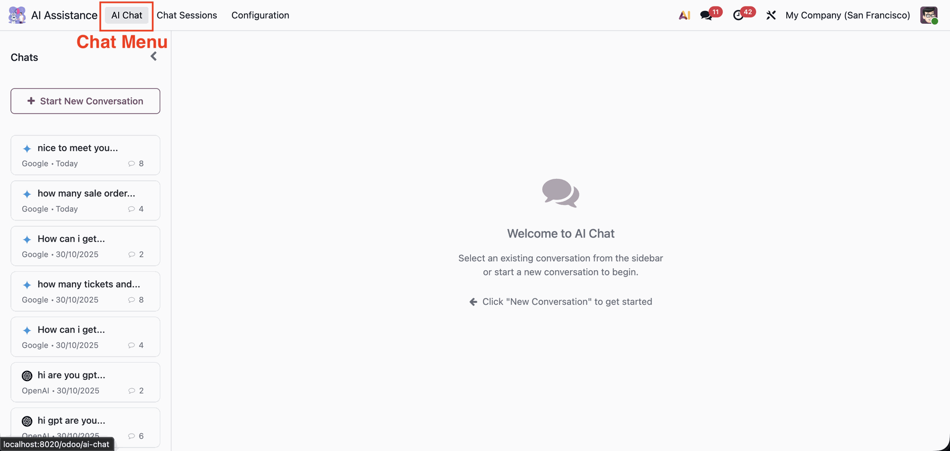 InsightMate AI Chat menu for managing AI conversations in Odoo