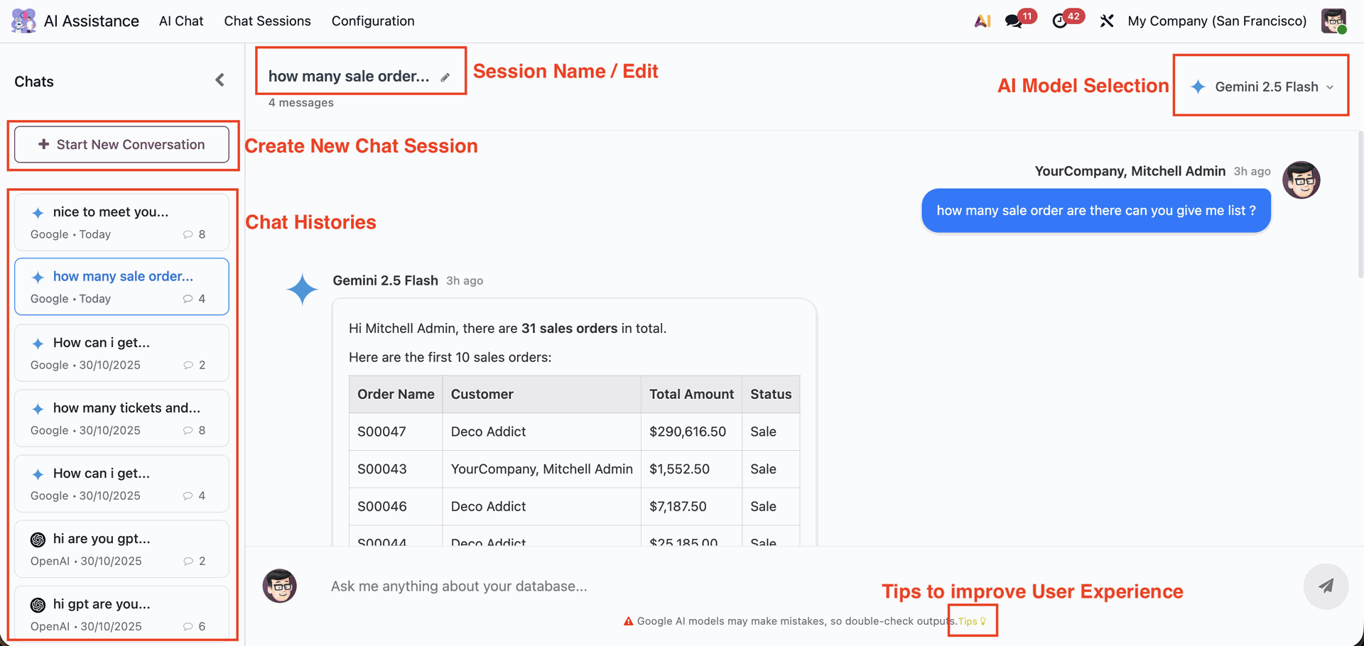 Odoo AI Chat sessions and model configuration