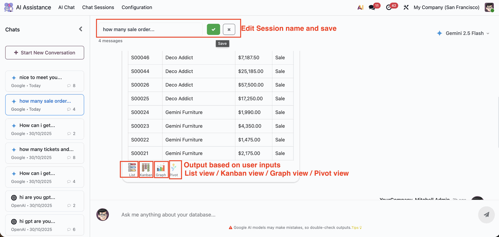 Odoo AI chat session management and data views