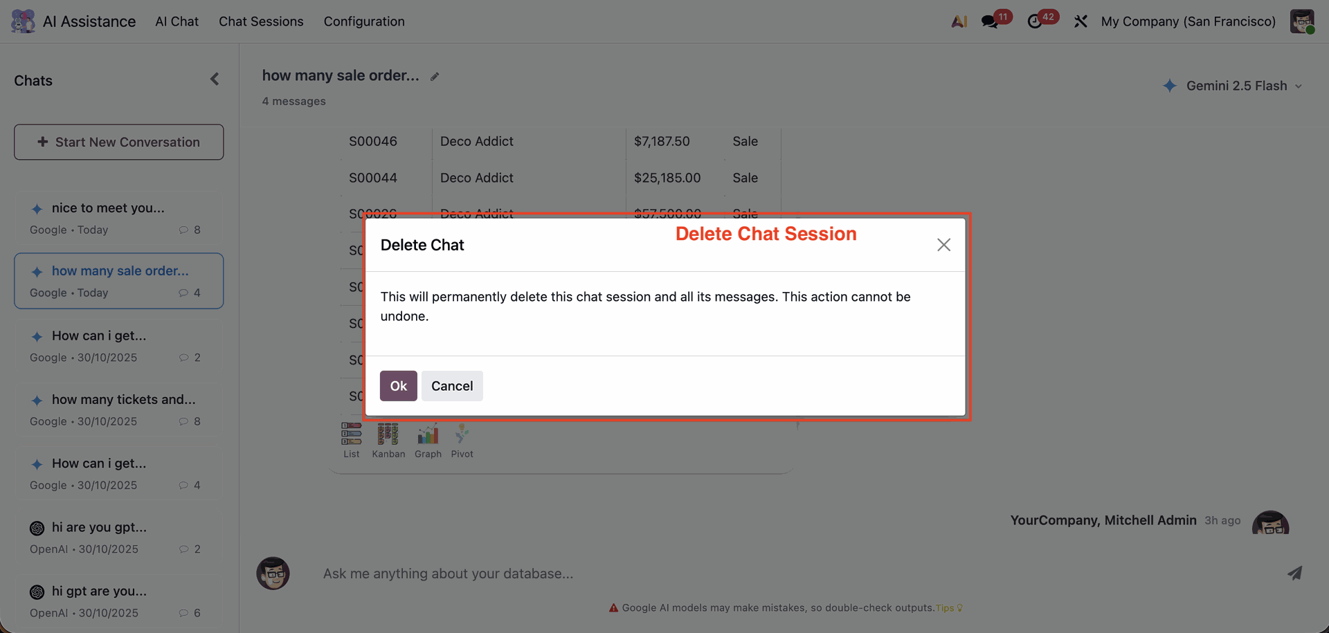 AI chat session delete confirmation in Odoo