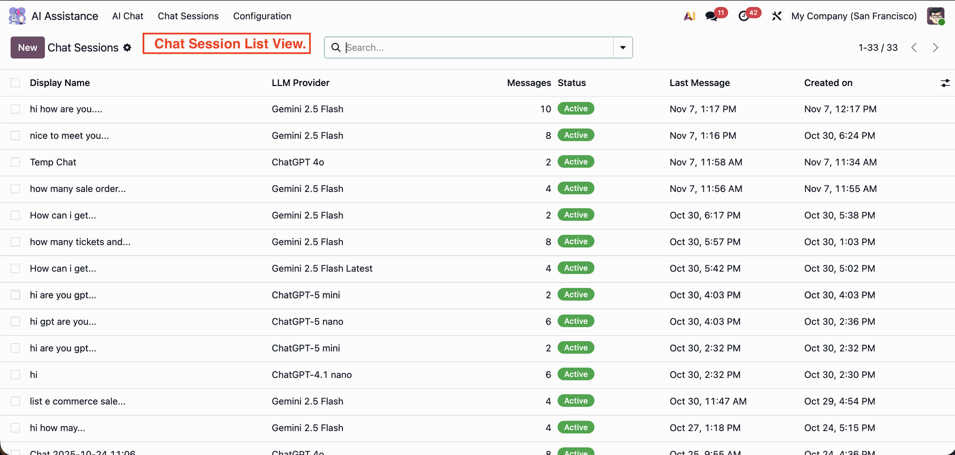 Odoo AI chat session overview and history management