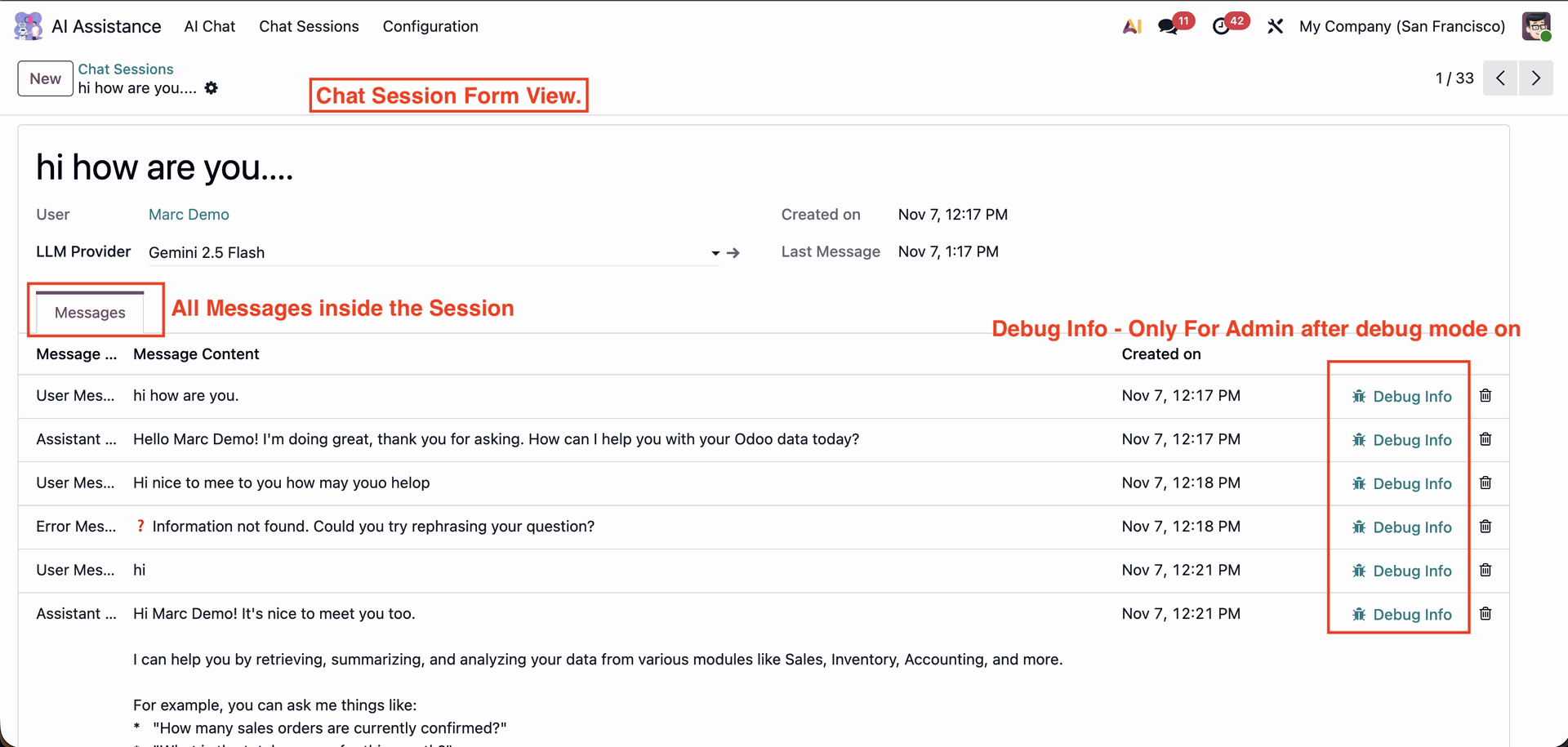 Odoo AI chat session analysis and debugging