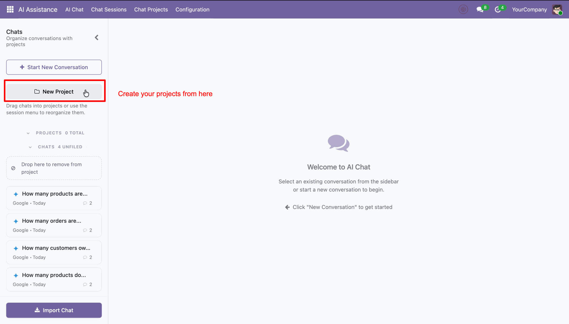 Create new AI chat projects in InsightMate Odoo
