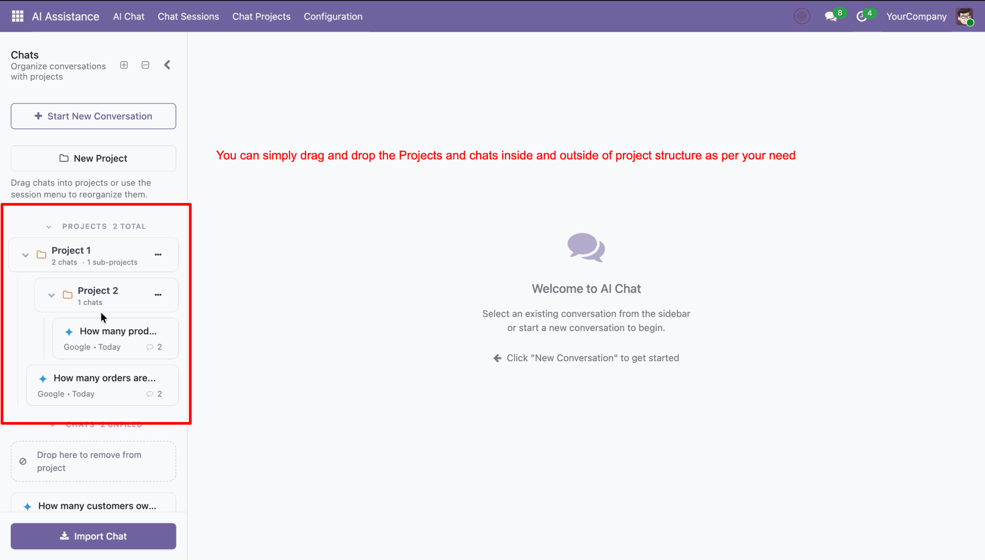 Drag and drop chat projects to organize hierarchy
