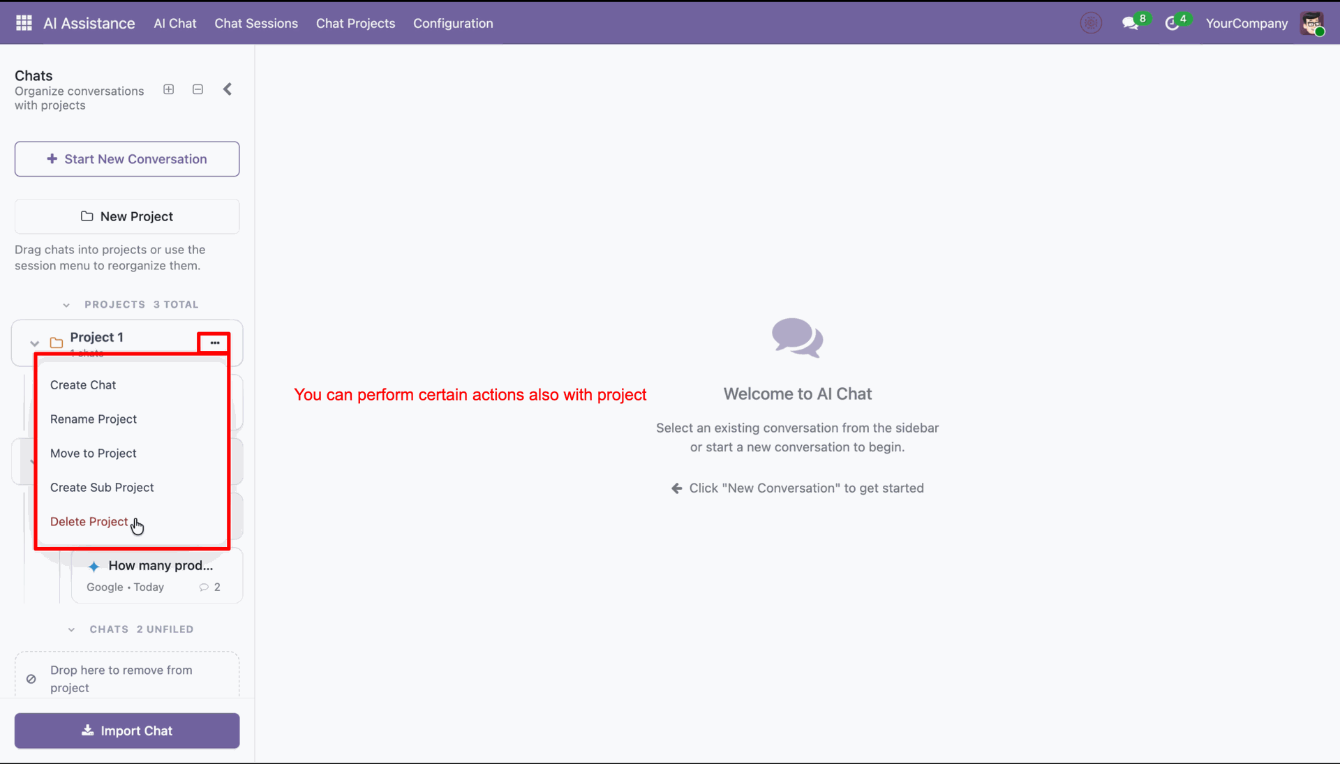 Manage project folder actions in AI chat workspace
