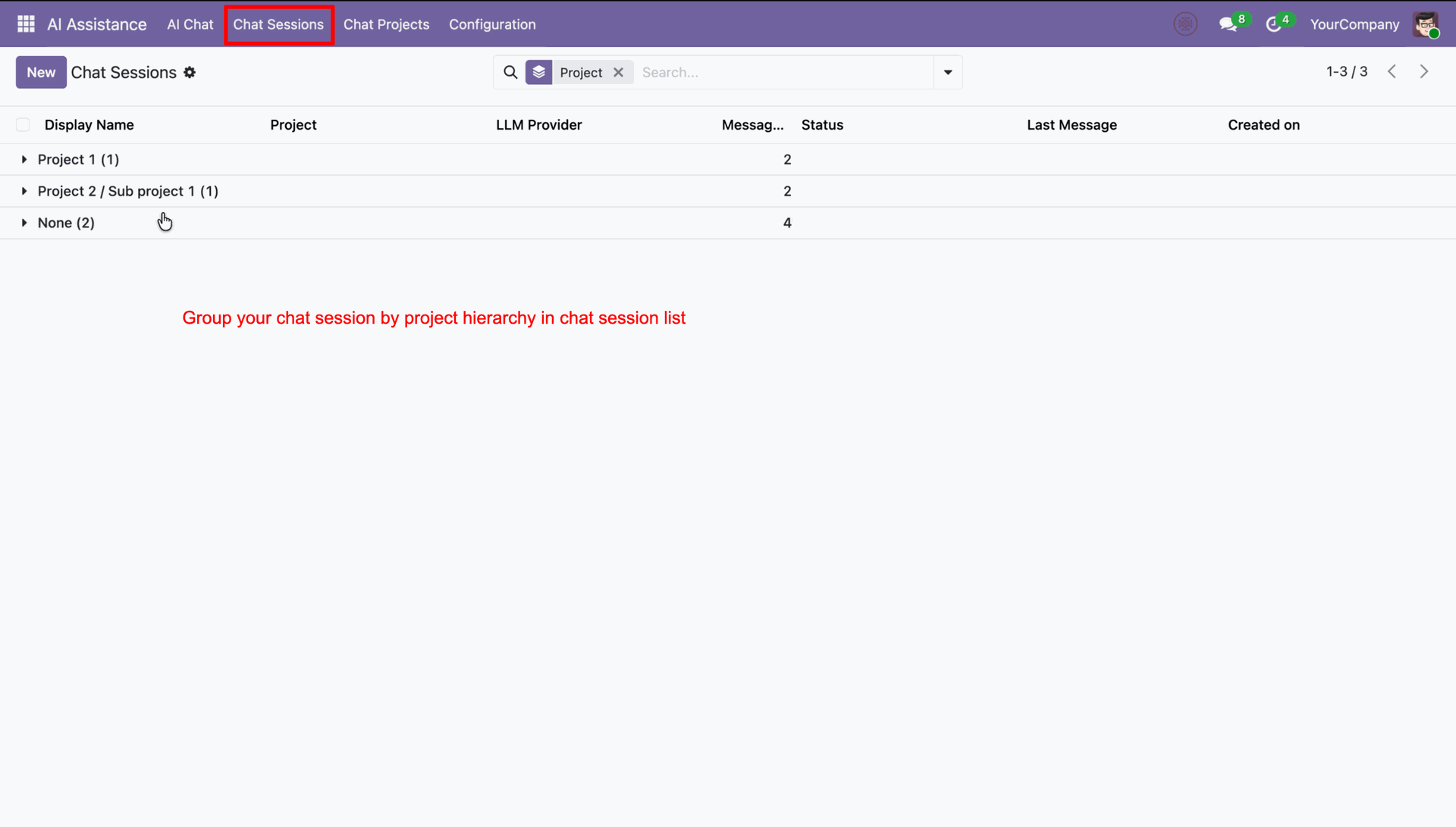 AI chat session list with project hierarchy view