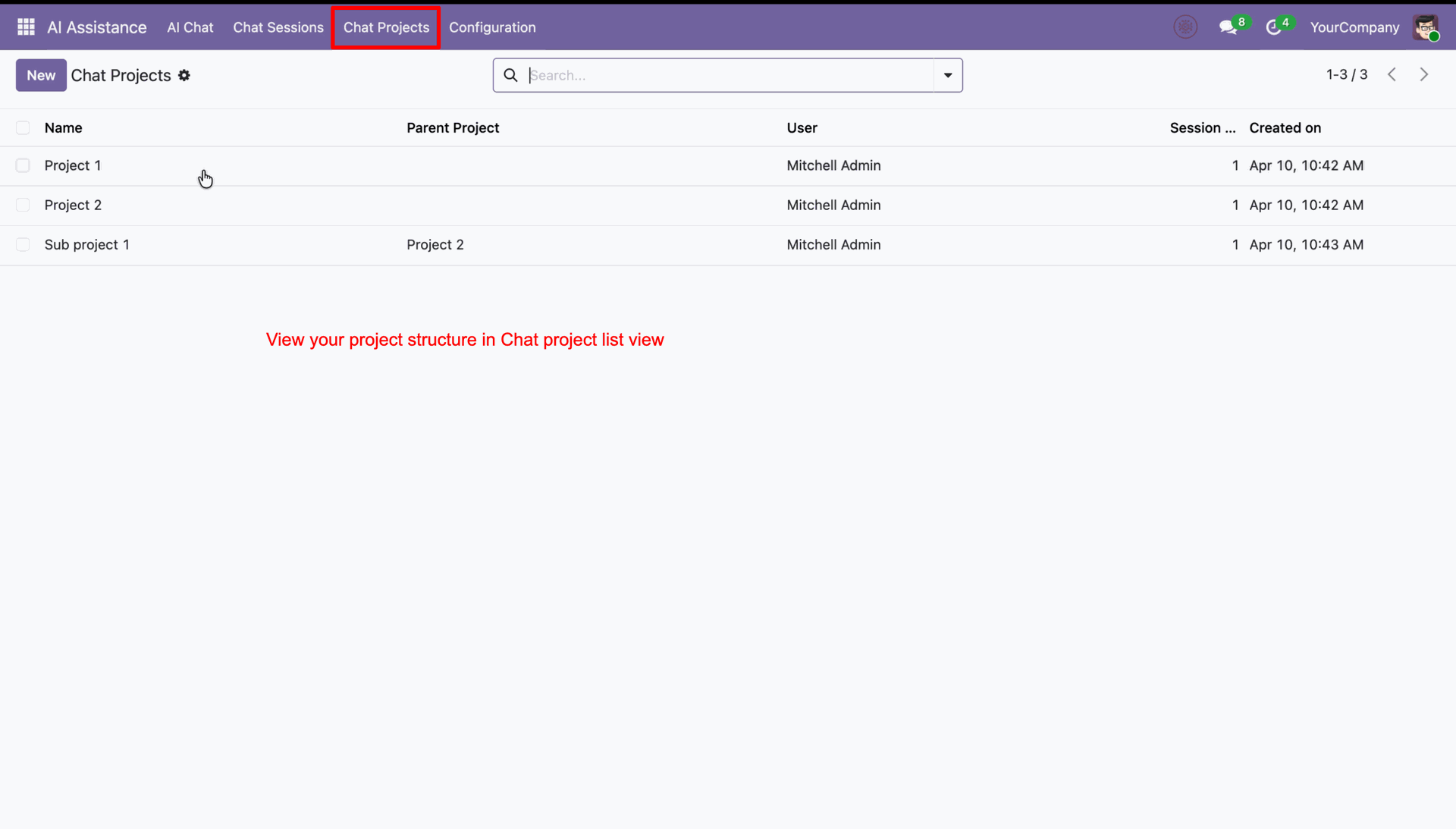 Chat project list showing project structure