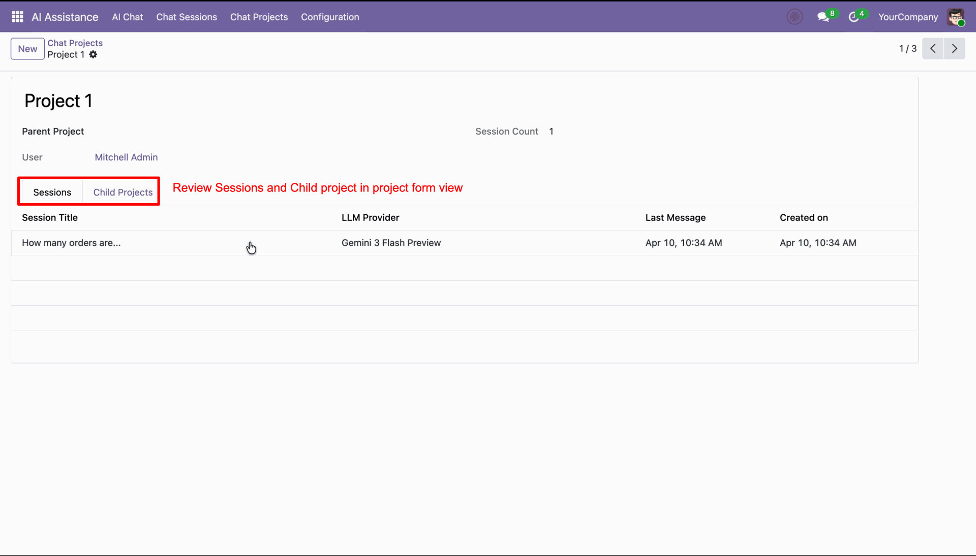Project form with chat sessions and child projects