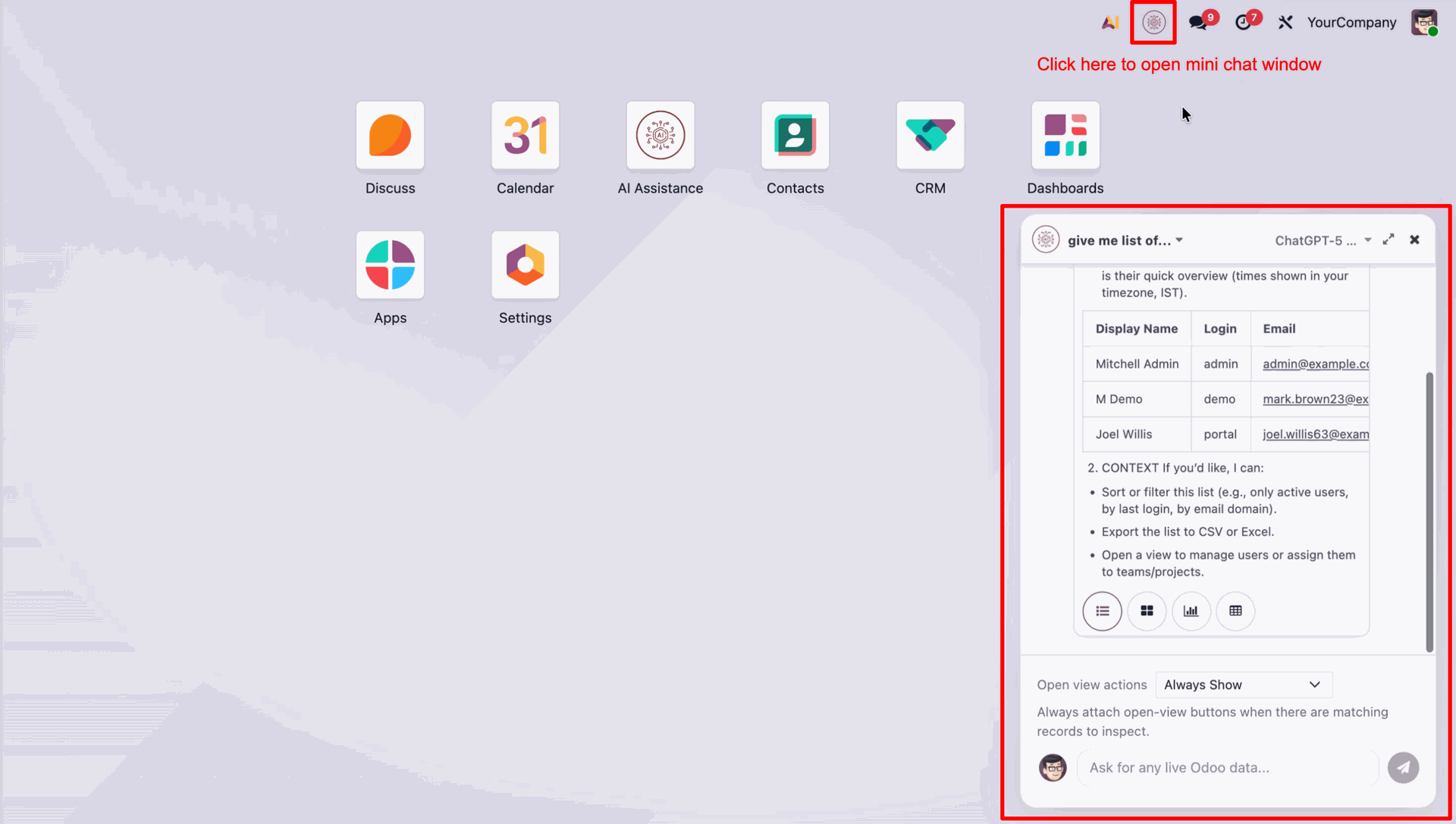 Open mini AI chatbot popup in InsightMate Odoo