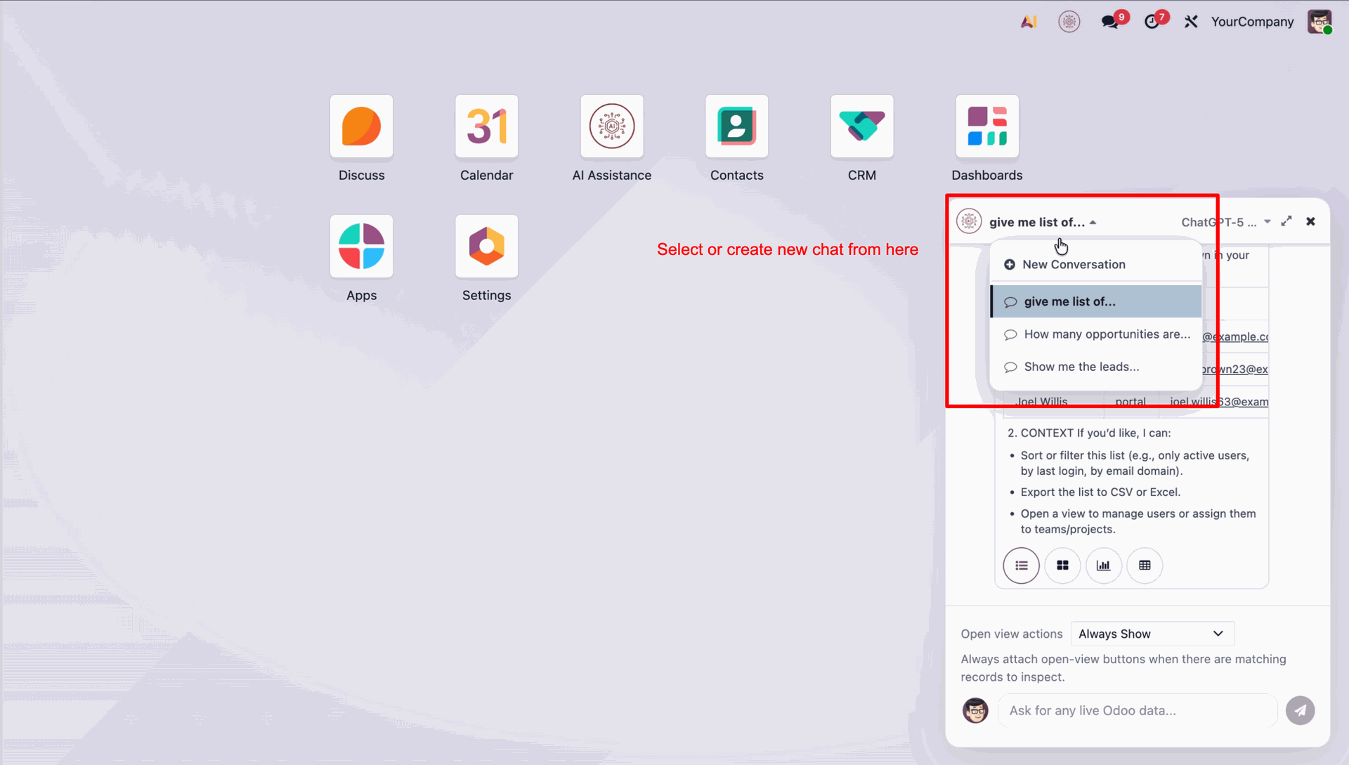 Select existing chat or create new AI conversation