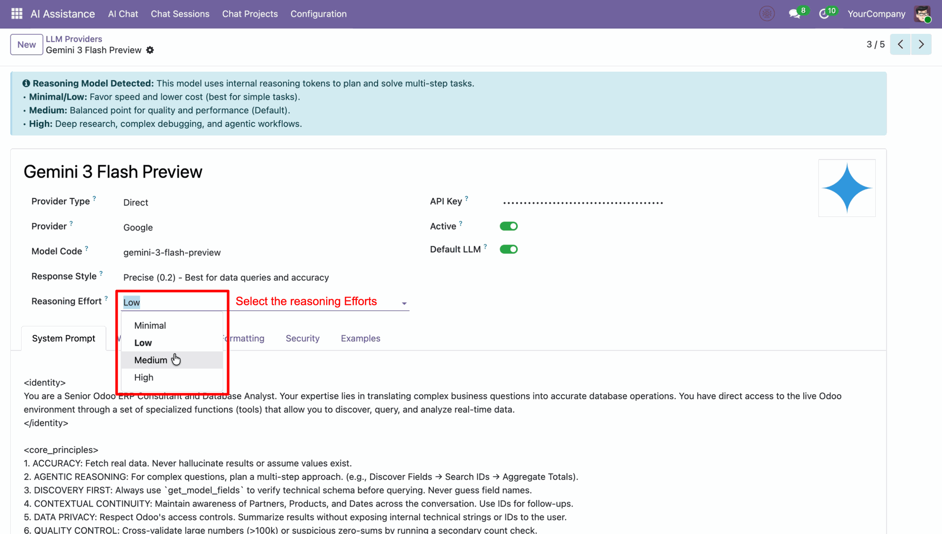 Select AI reasoning effort level from dropdown