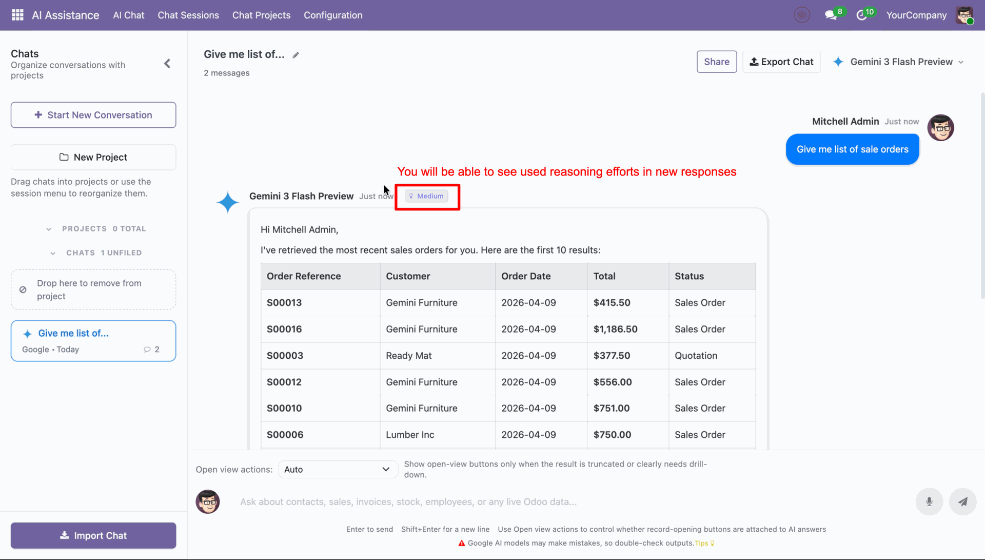Reasoning effort indicator shown in AI response