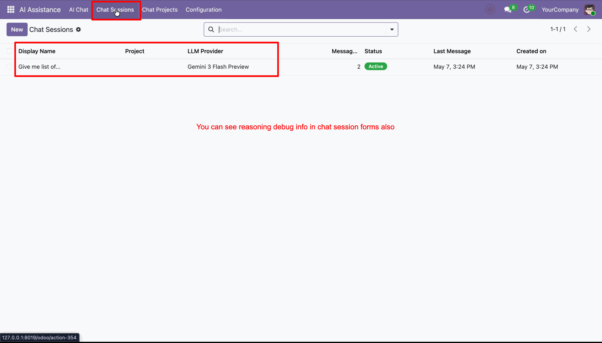 View AI chat sessions and settings in Odoo