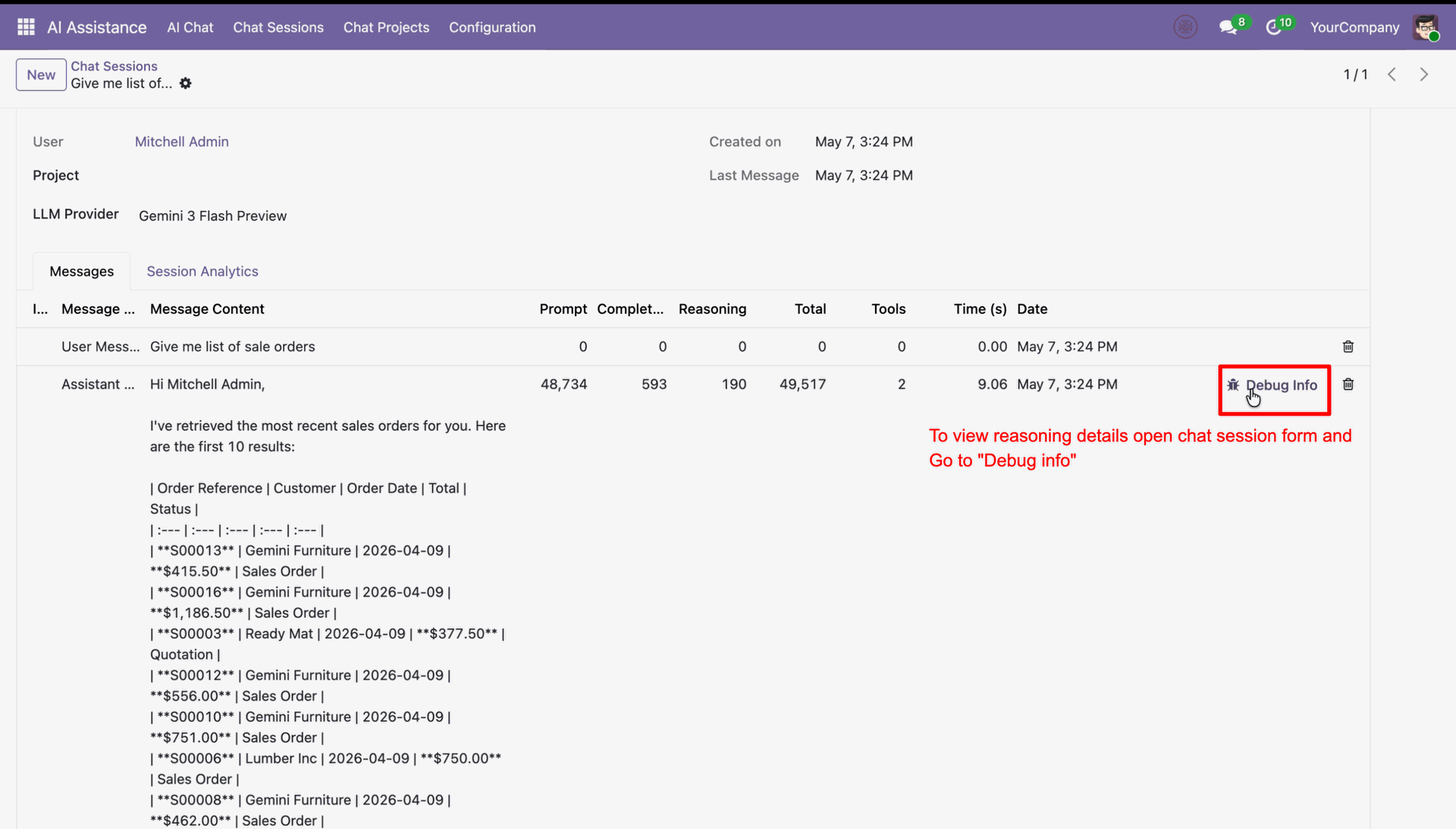 Review reasoning tokens from chat debug info