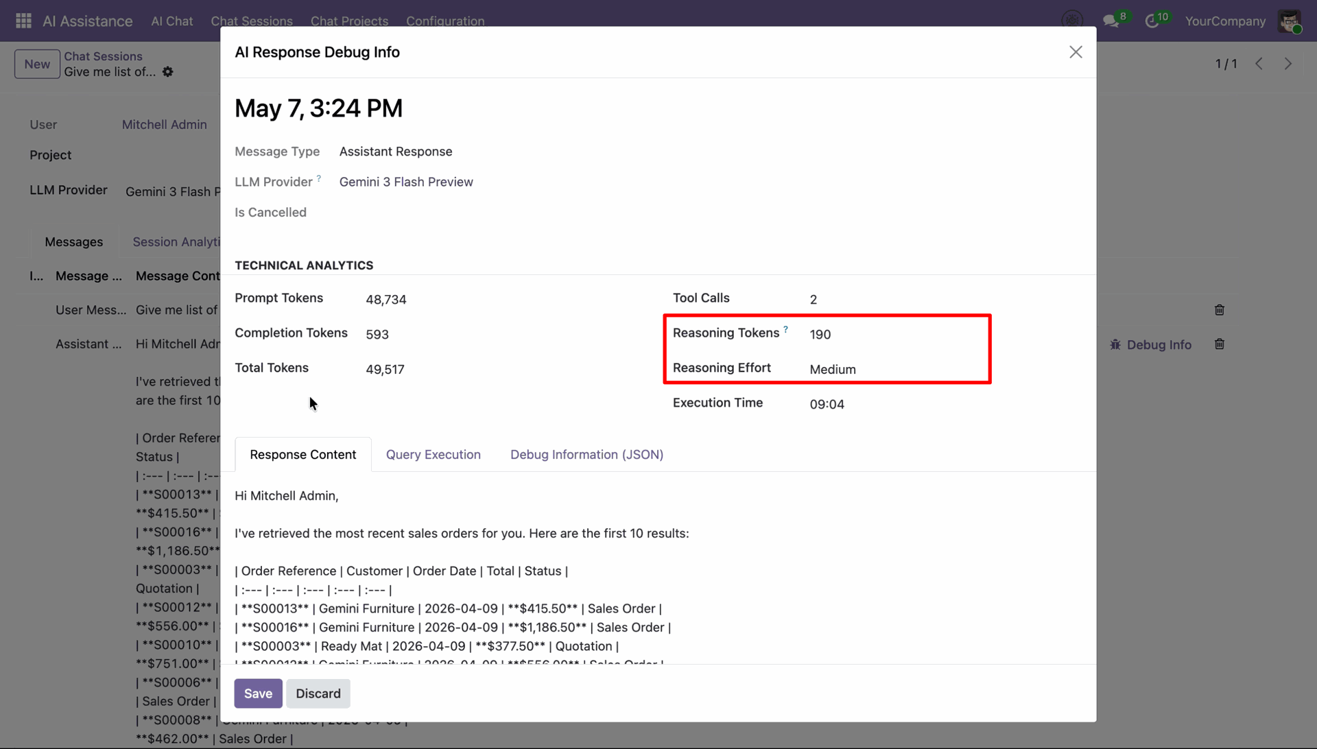AI debug popup with reasoning tokens details