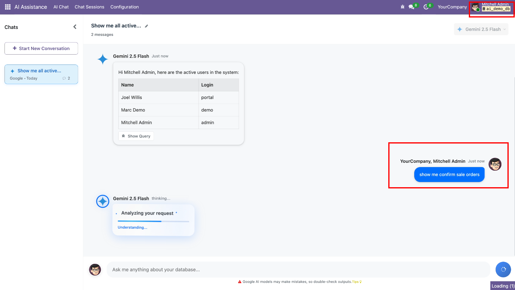 Odoo AI Assistant sales order query