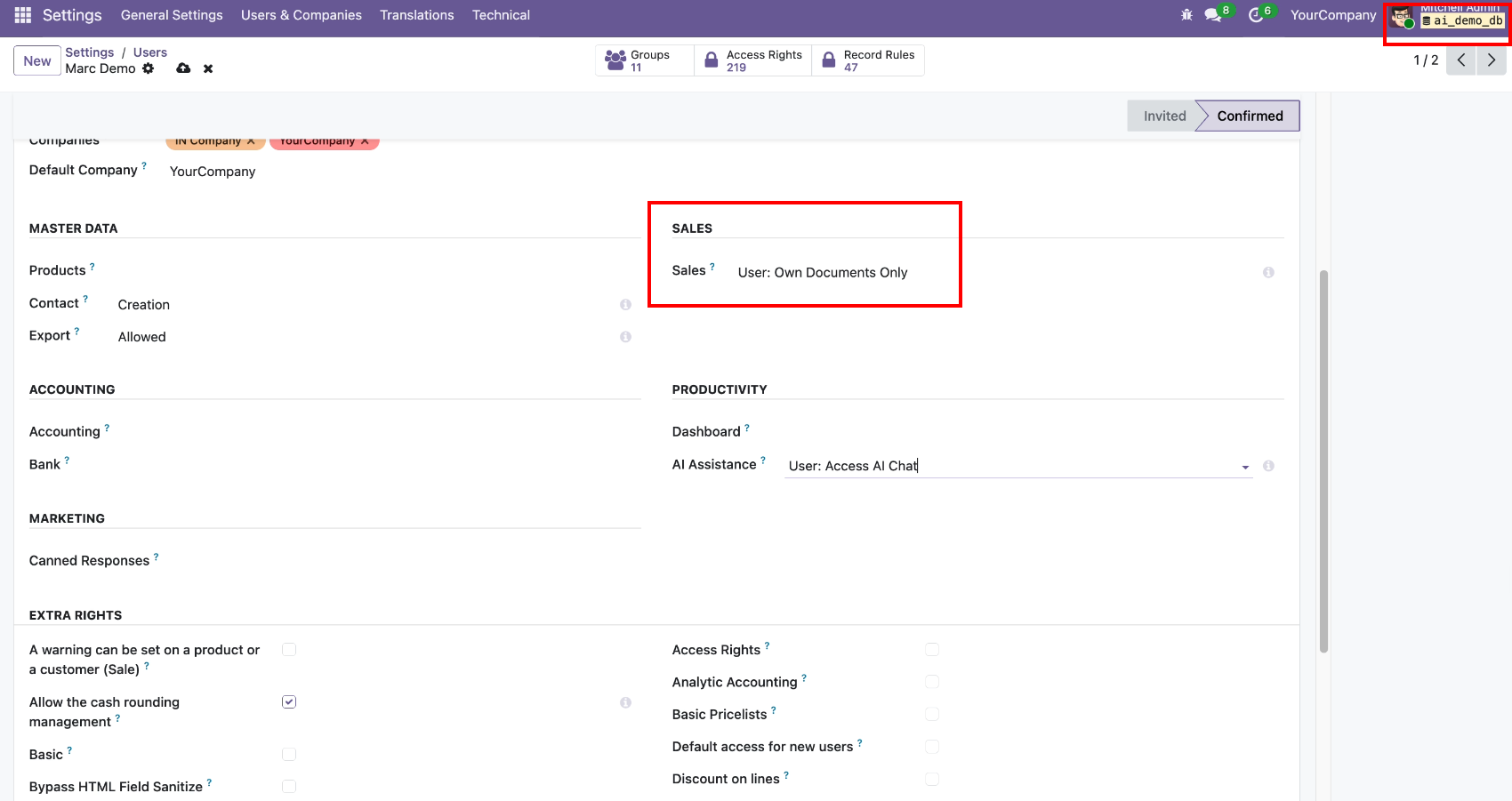 Odoo AI access rights configuration