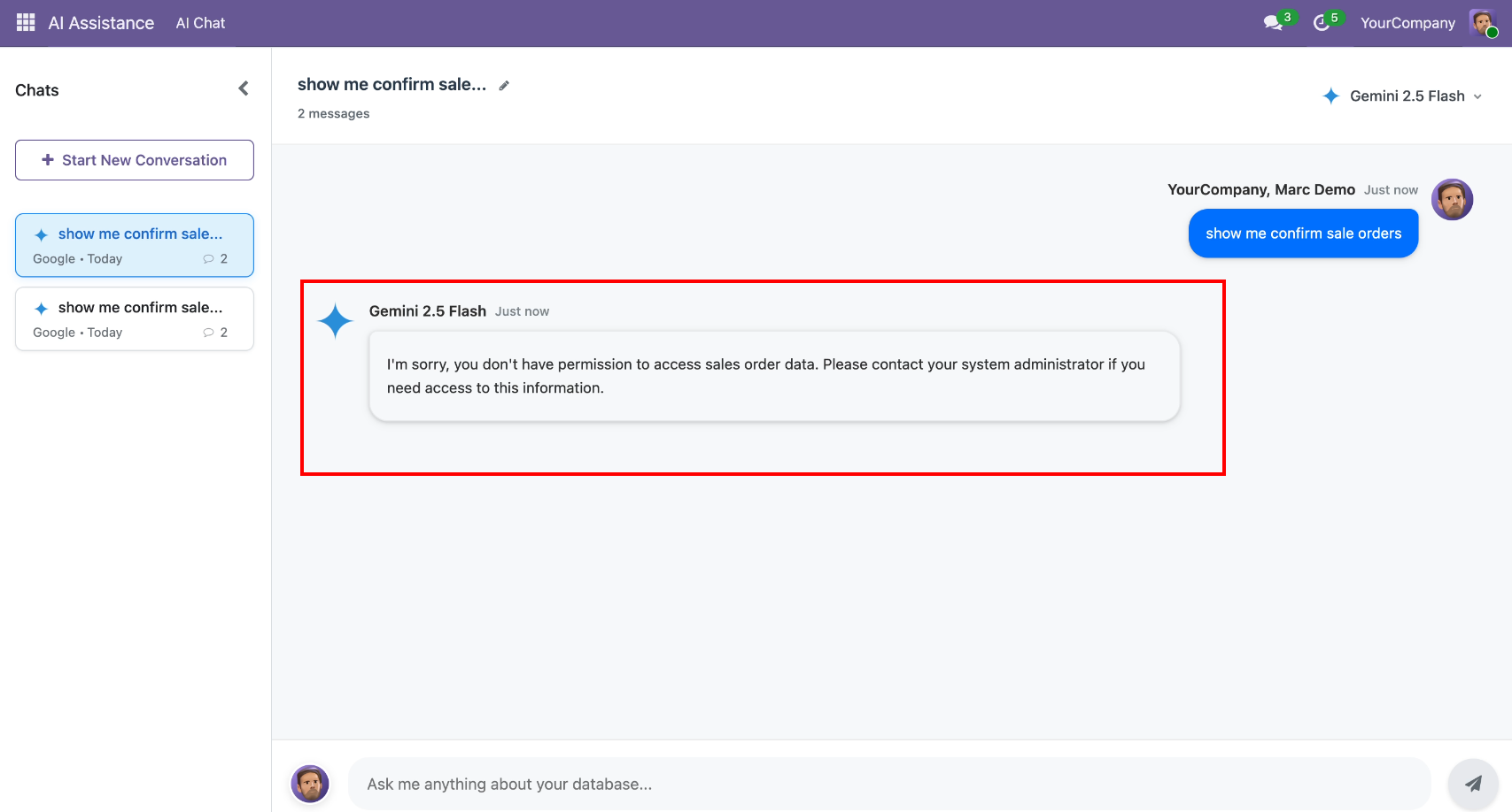 Odoo AI assistant permission-based response control