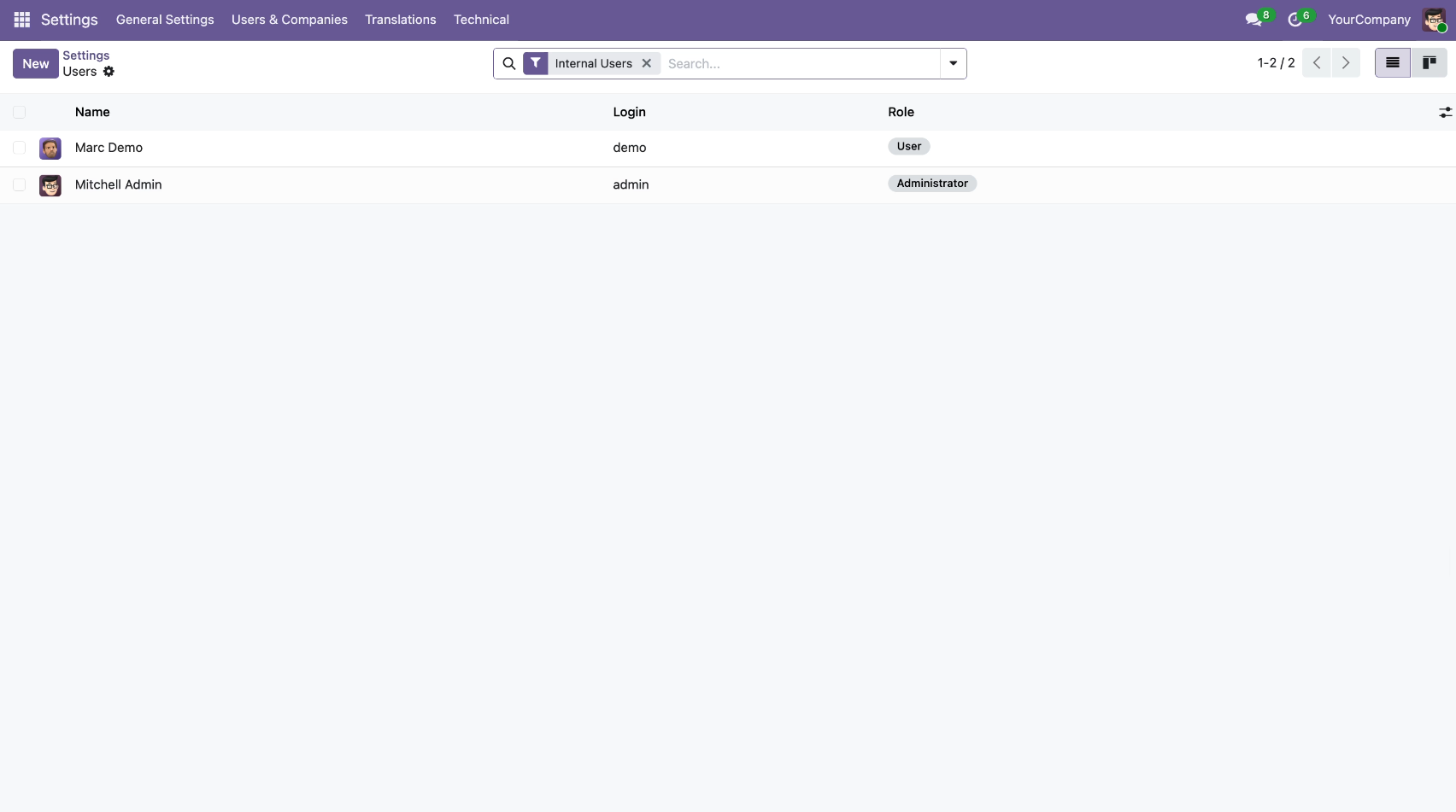 Odoo users with login names and role-based access settings