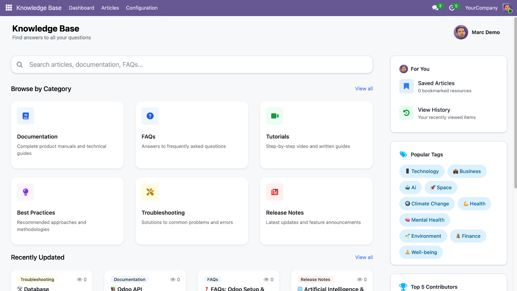 Custom knowledge base application developed inside Odoo ERP