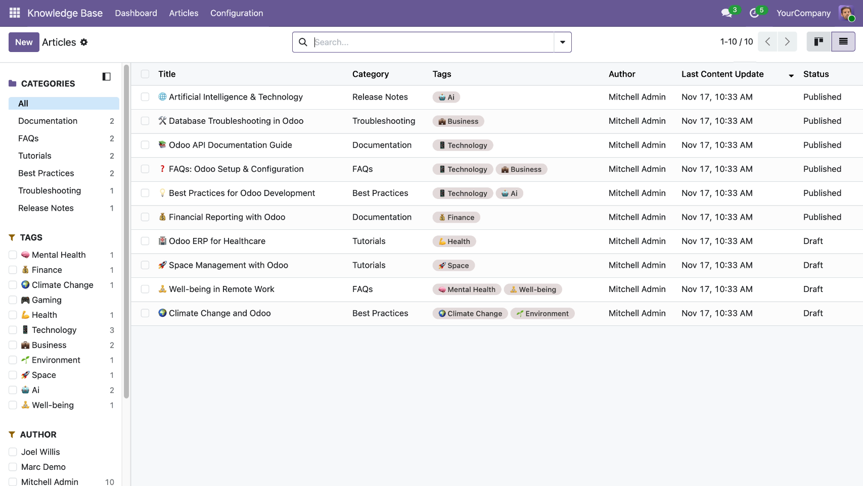 Odoo knowledge base articles list view with available documents
