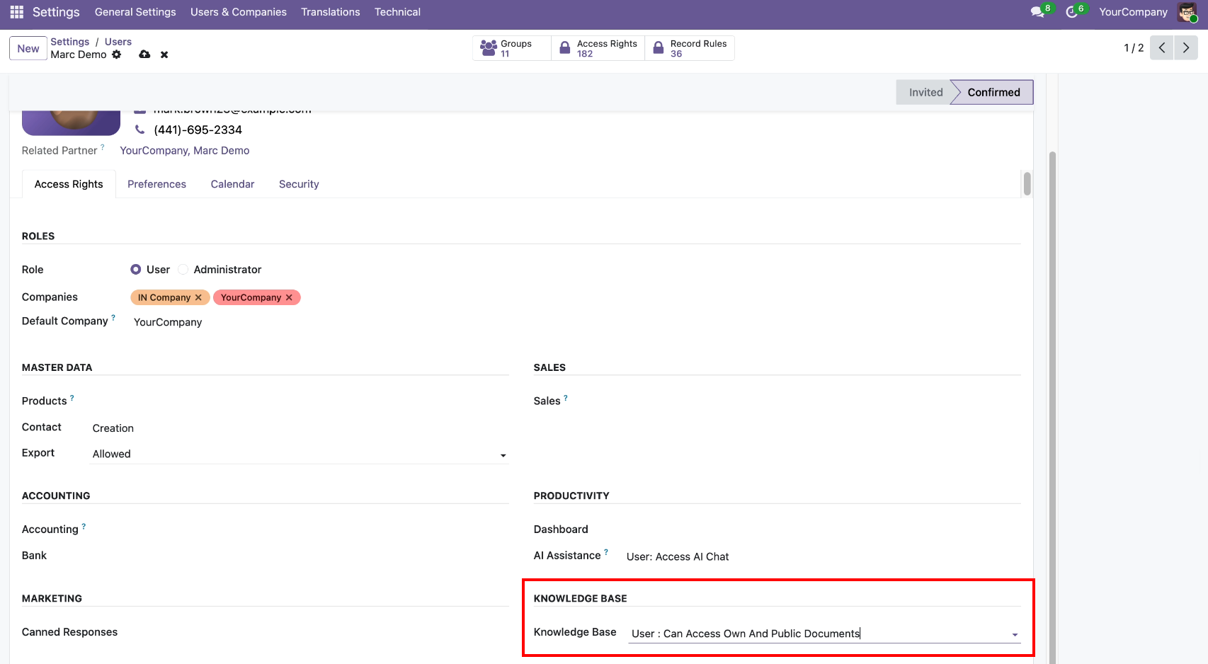 Odoo user access rights for knowledge base documents