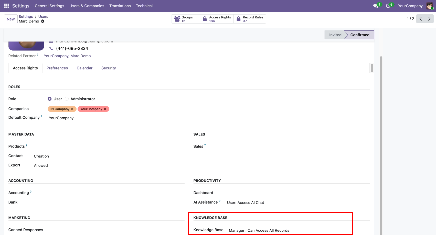 Changing Odoo knowledge base access permissions to manager role