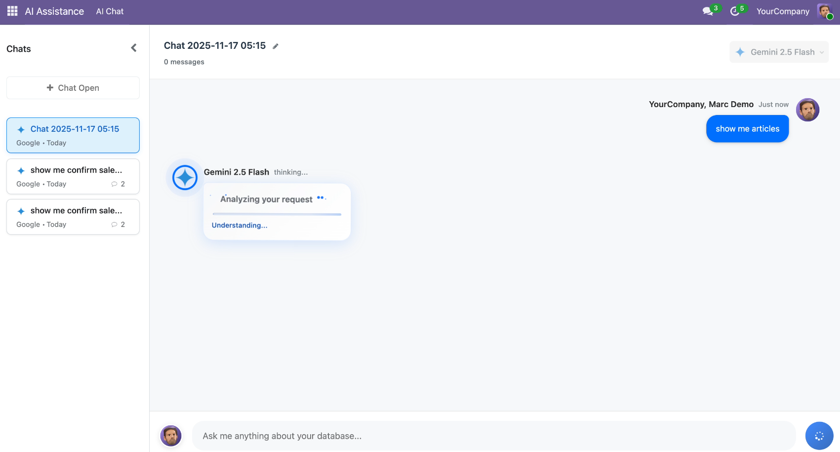 InsightMate AI Chat requesting available knowledge base articles in Odoo