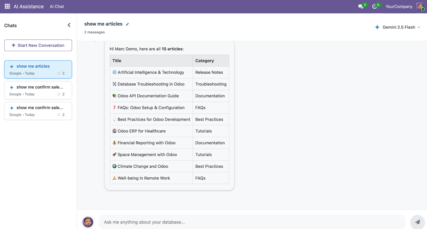 InsightMate AI providing knowledge articles according to Odoo user role