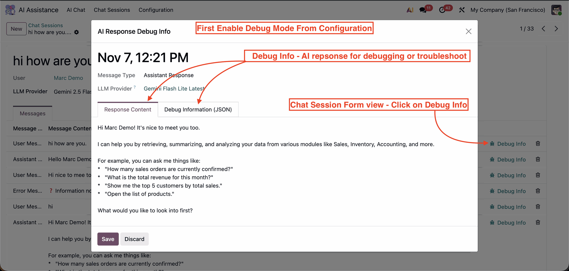 AI response debug window