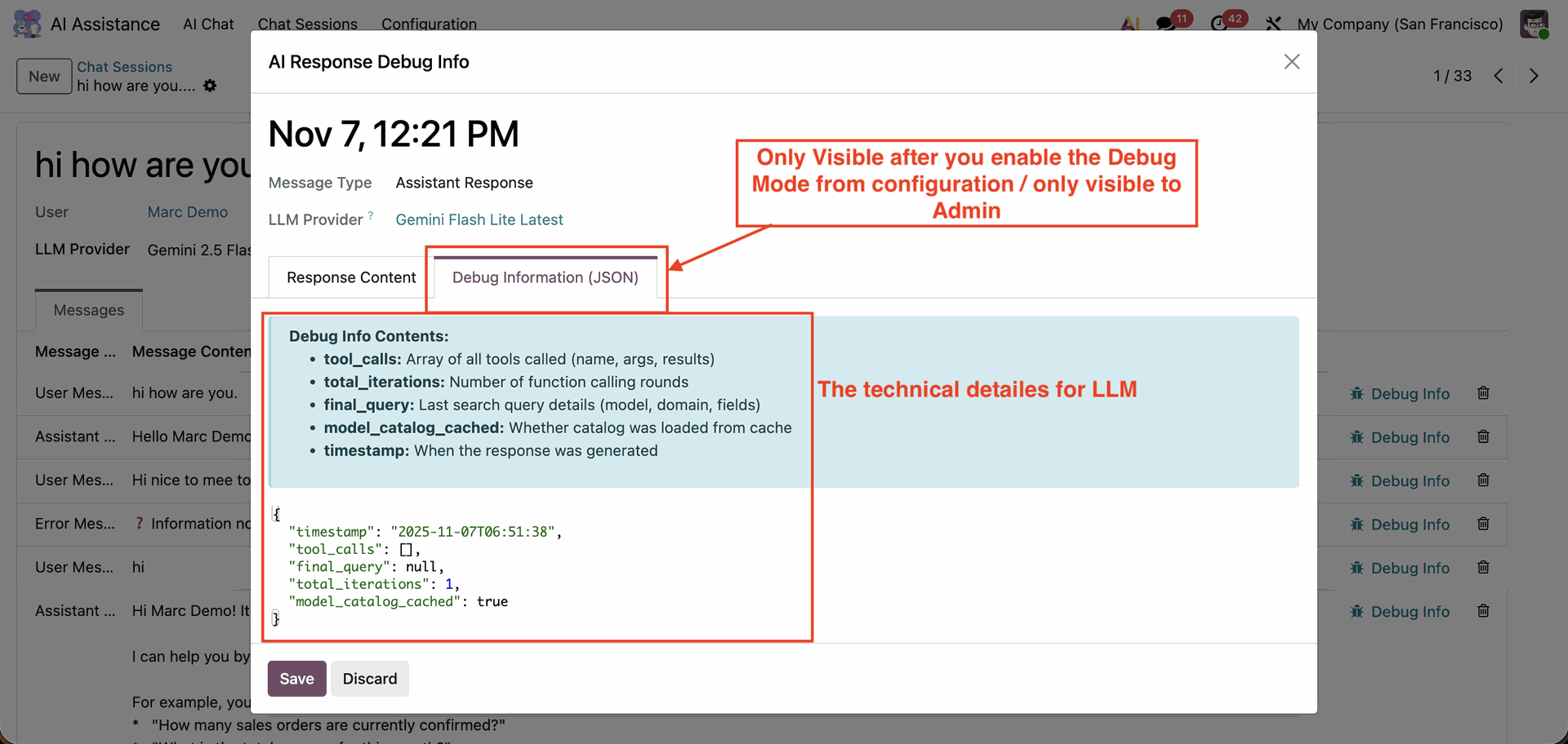 LLM debug information logs