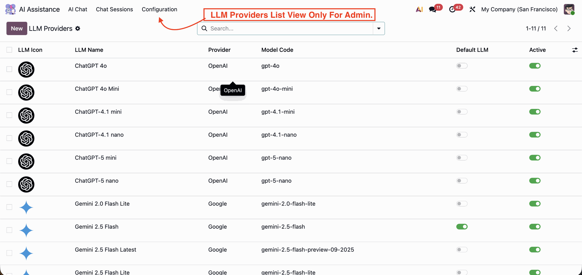 LLM models list with ChatGPT and Gemini in Odoo ERP