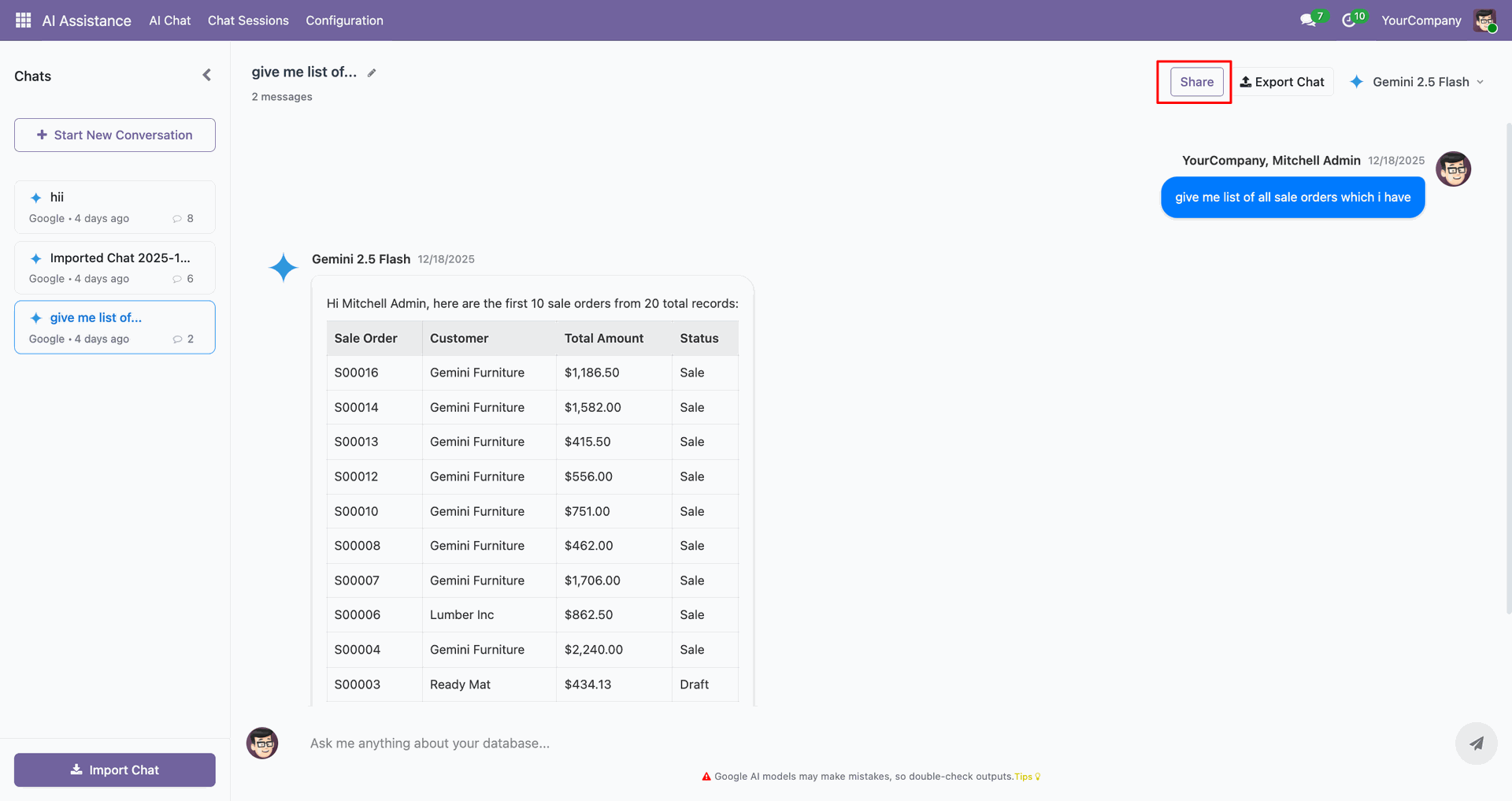 AI chat sharing option in InsightMate for Odoo users