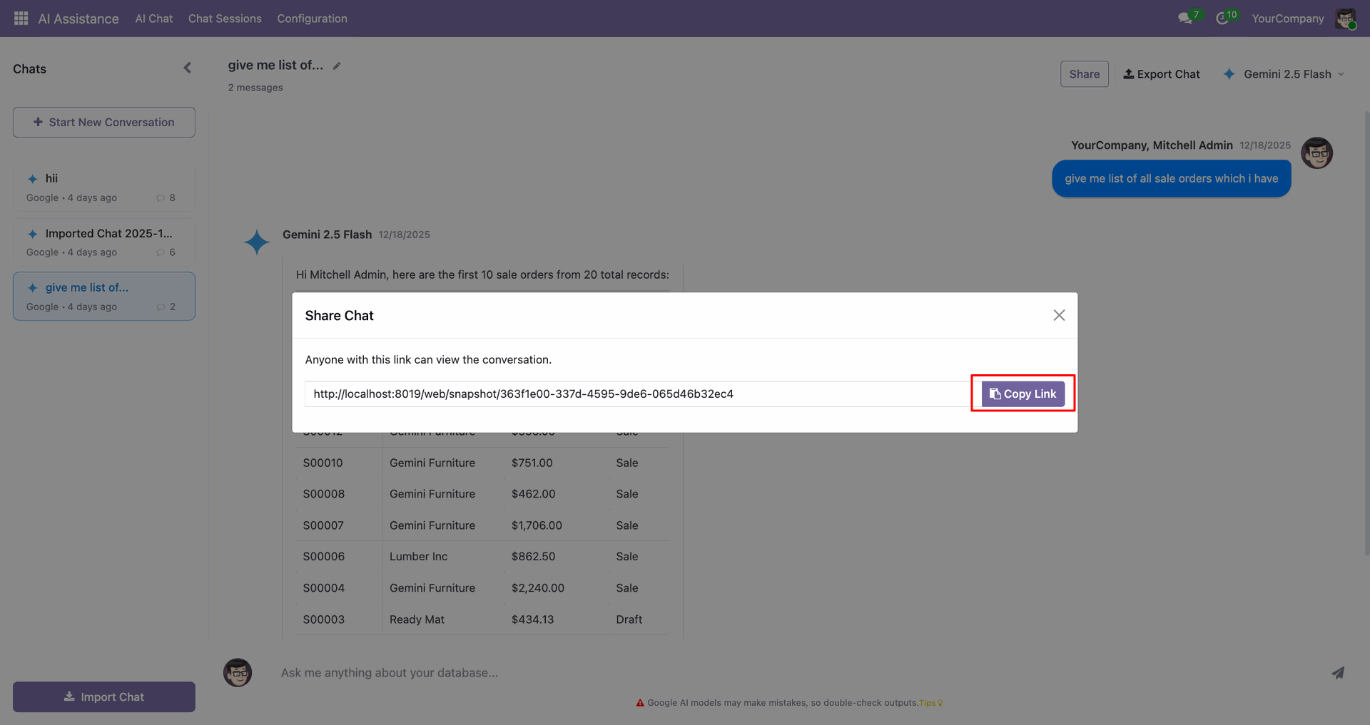 Generated share link for AI chat access in Odoo ERP