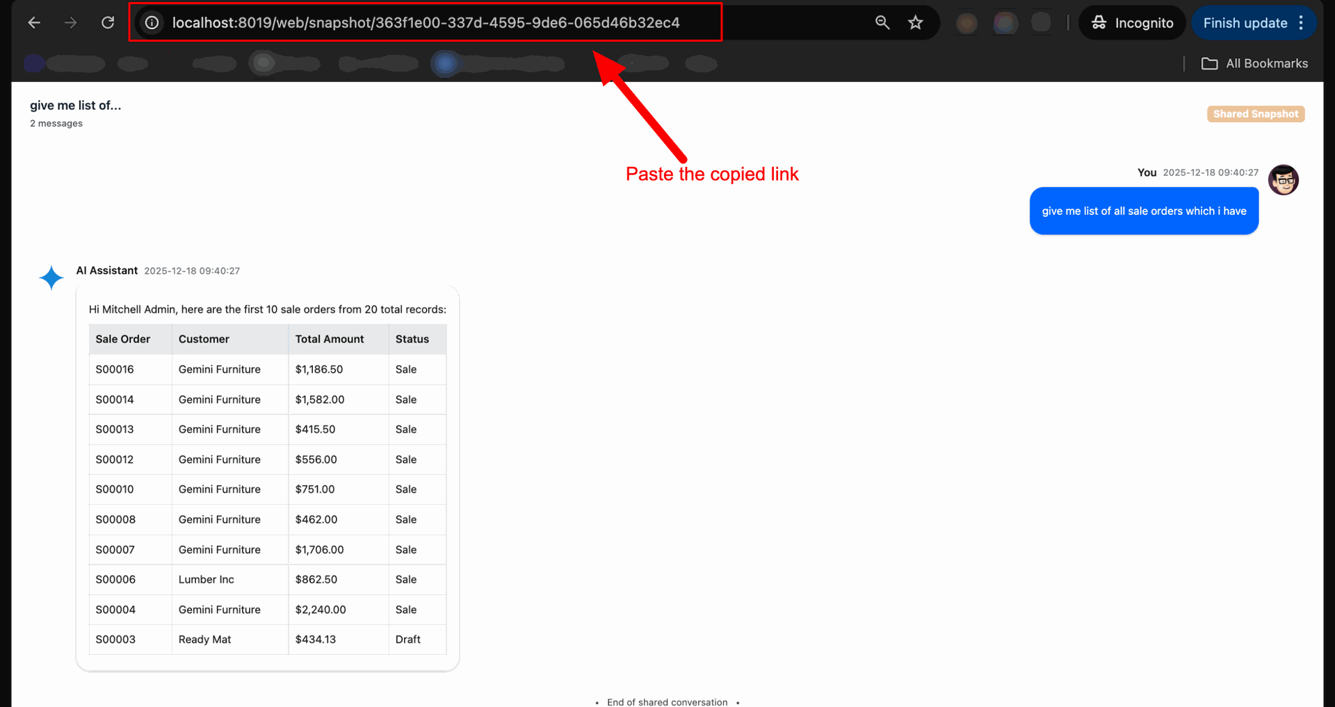 Opening shared AI chat using generated link in Odoo