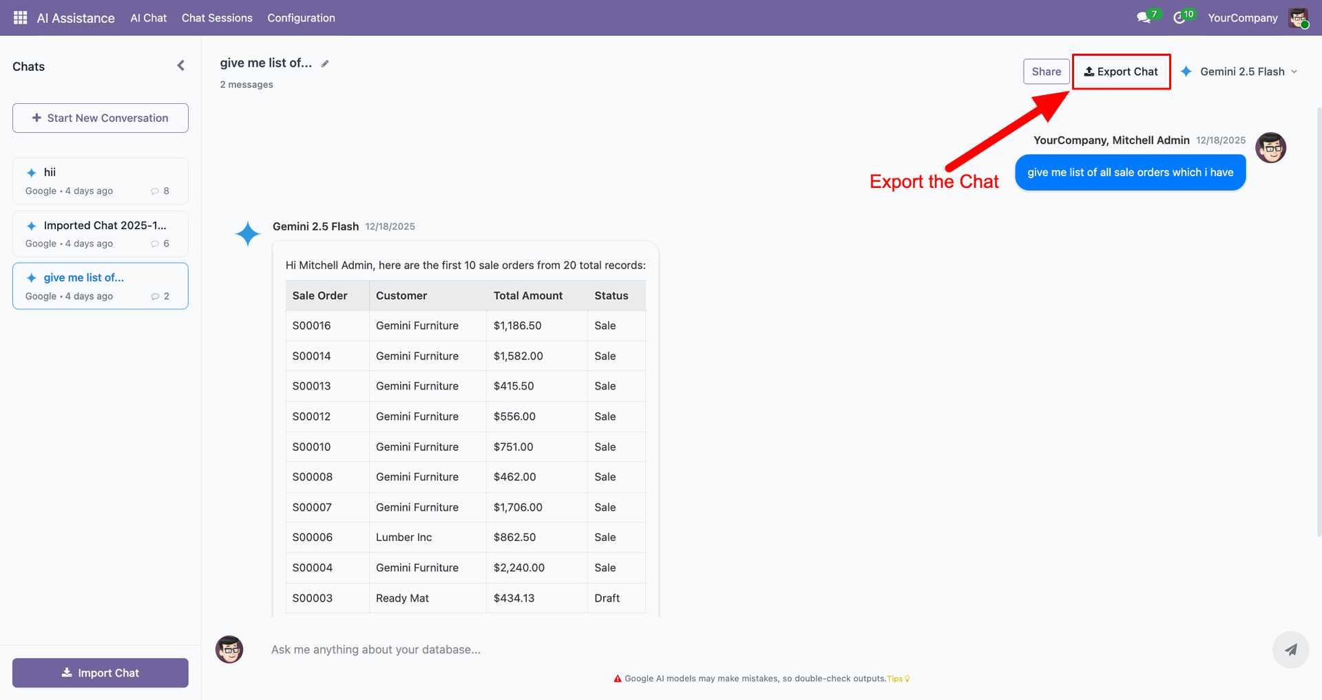 Export AI chat conversation from InsightMate in Odoo