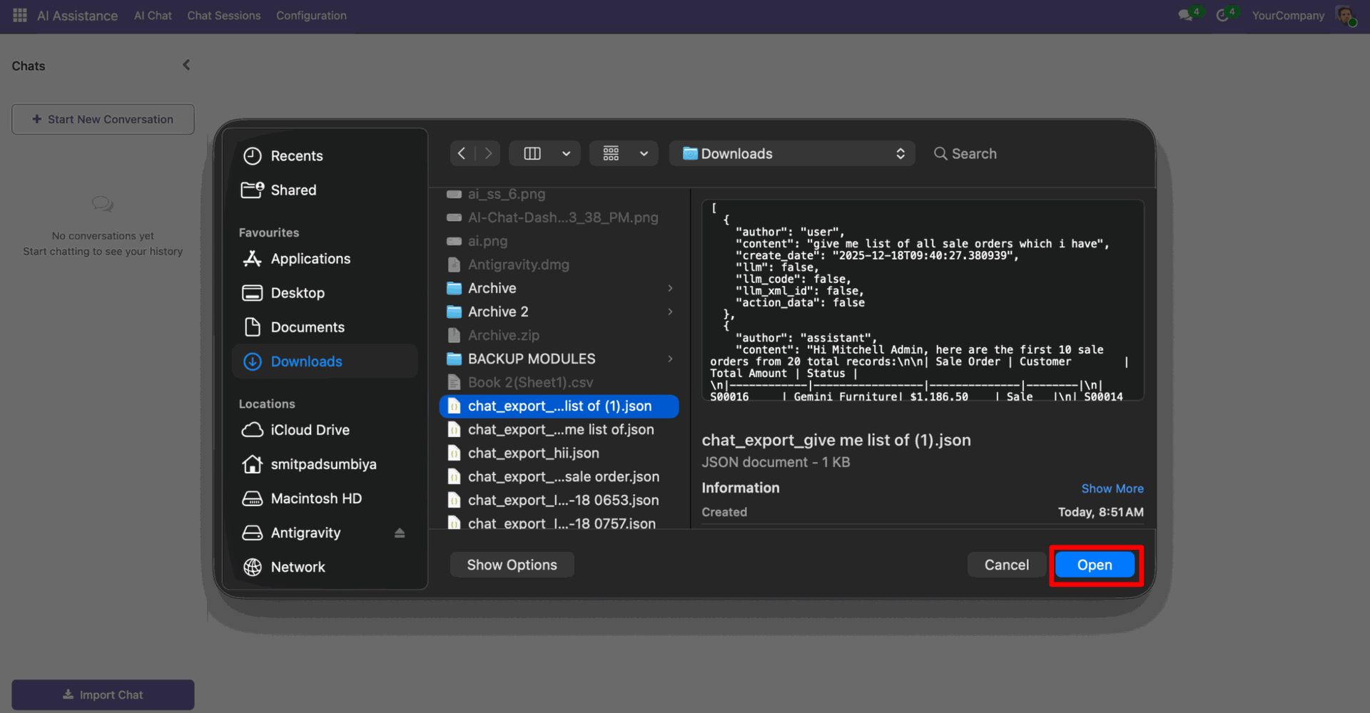 Select exported chat file and open import wizard