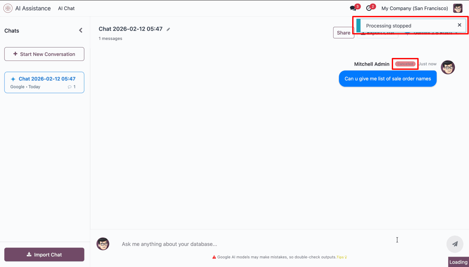 Notification confirming AI response cancellation
