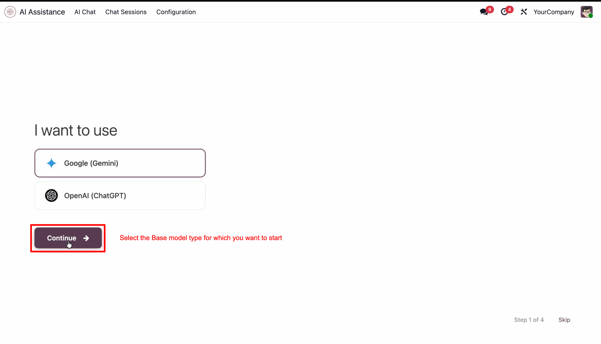 Select AI model and continue setup in Odoo ERP