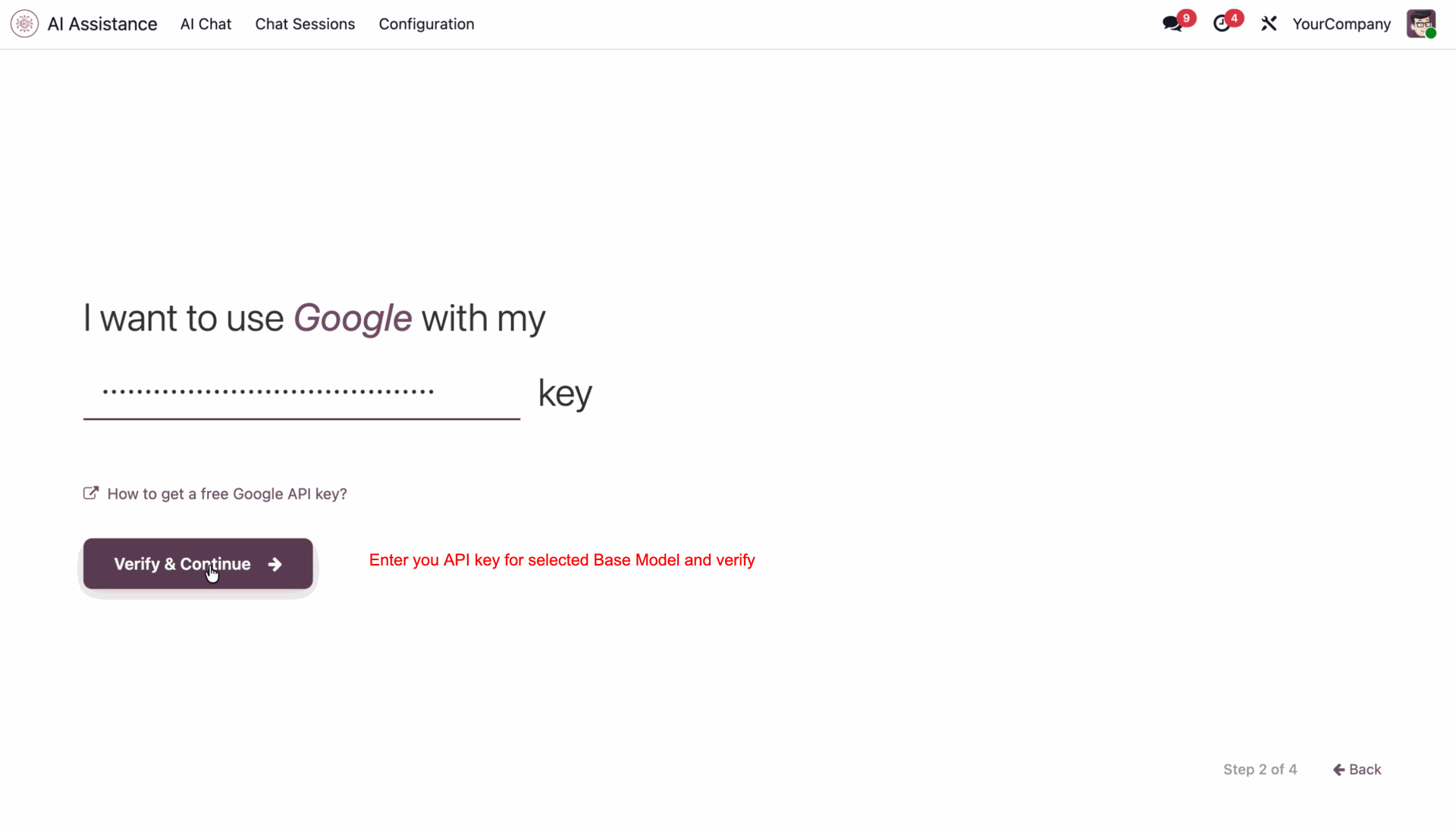 Enter API key and verify AI connection in Odoo