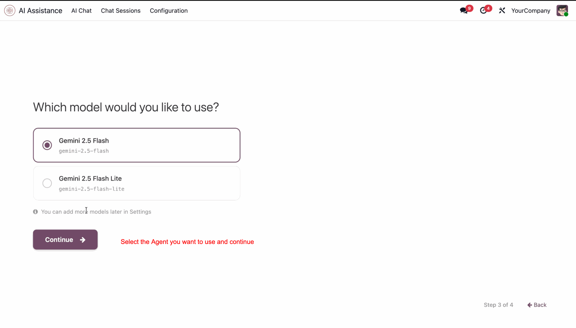 Select AI agent during InsightMate setup process