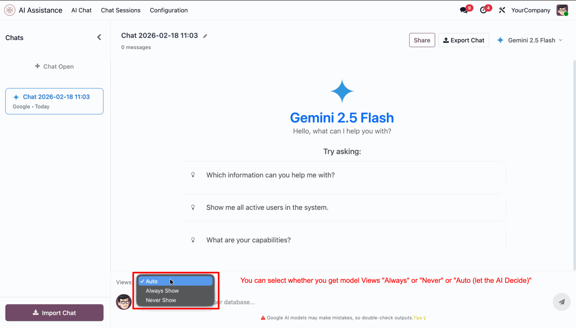 Configure AI model visibility with Always, Never, Auto
