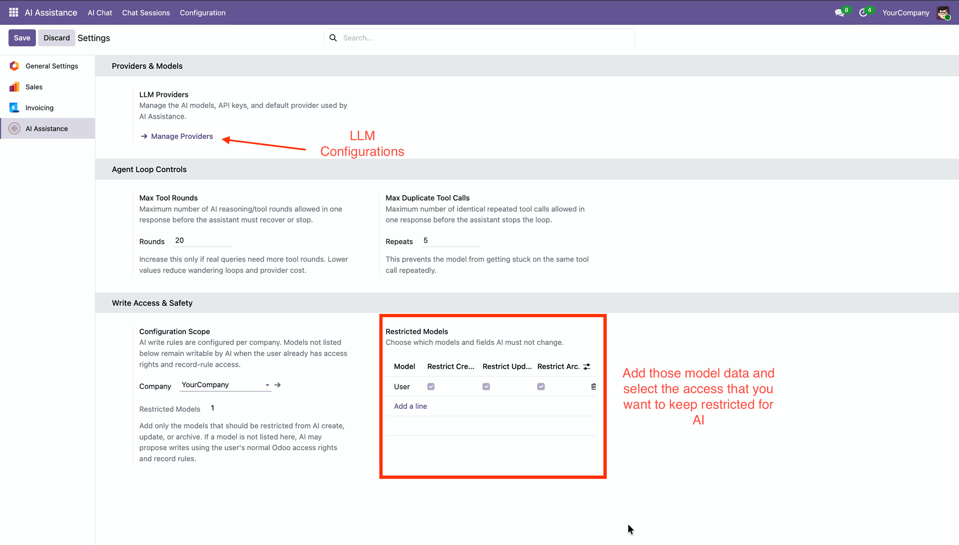 Manage AI providers models and access rules in Odoo