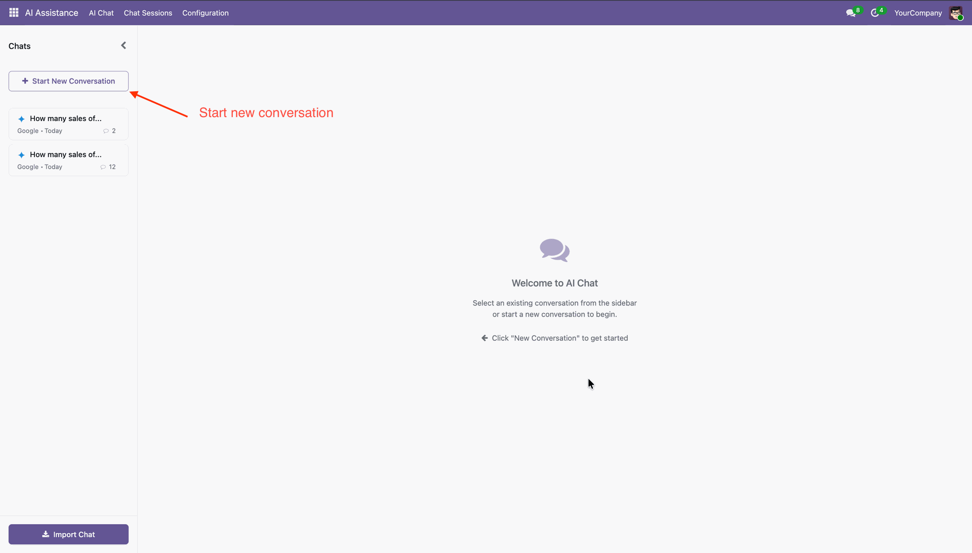 Start AI assistant conversation in Odoo ERP