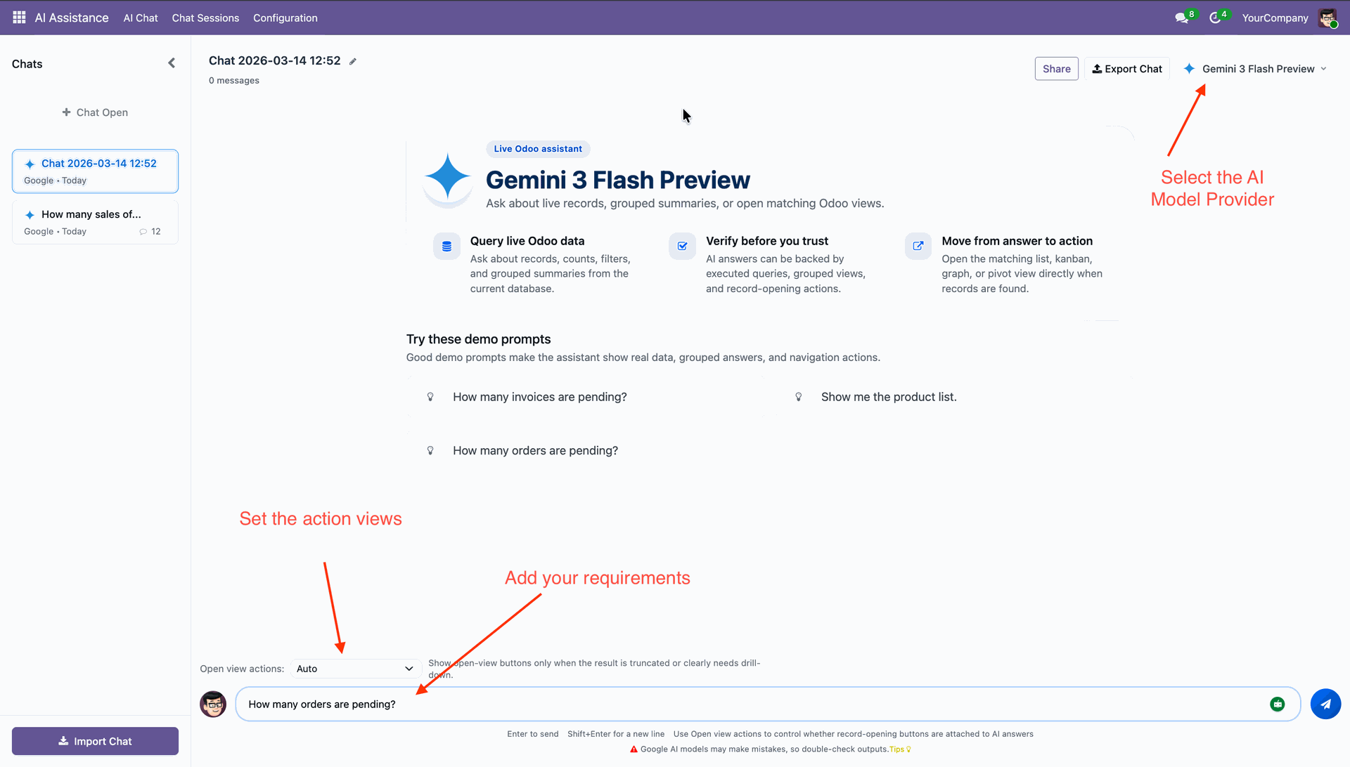 Configure actions requirements and AI model provider