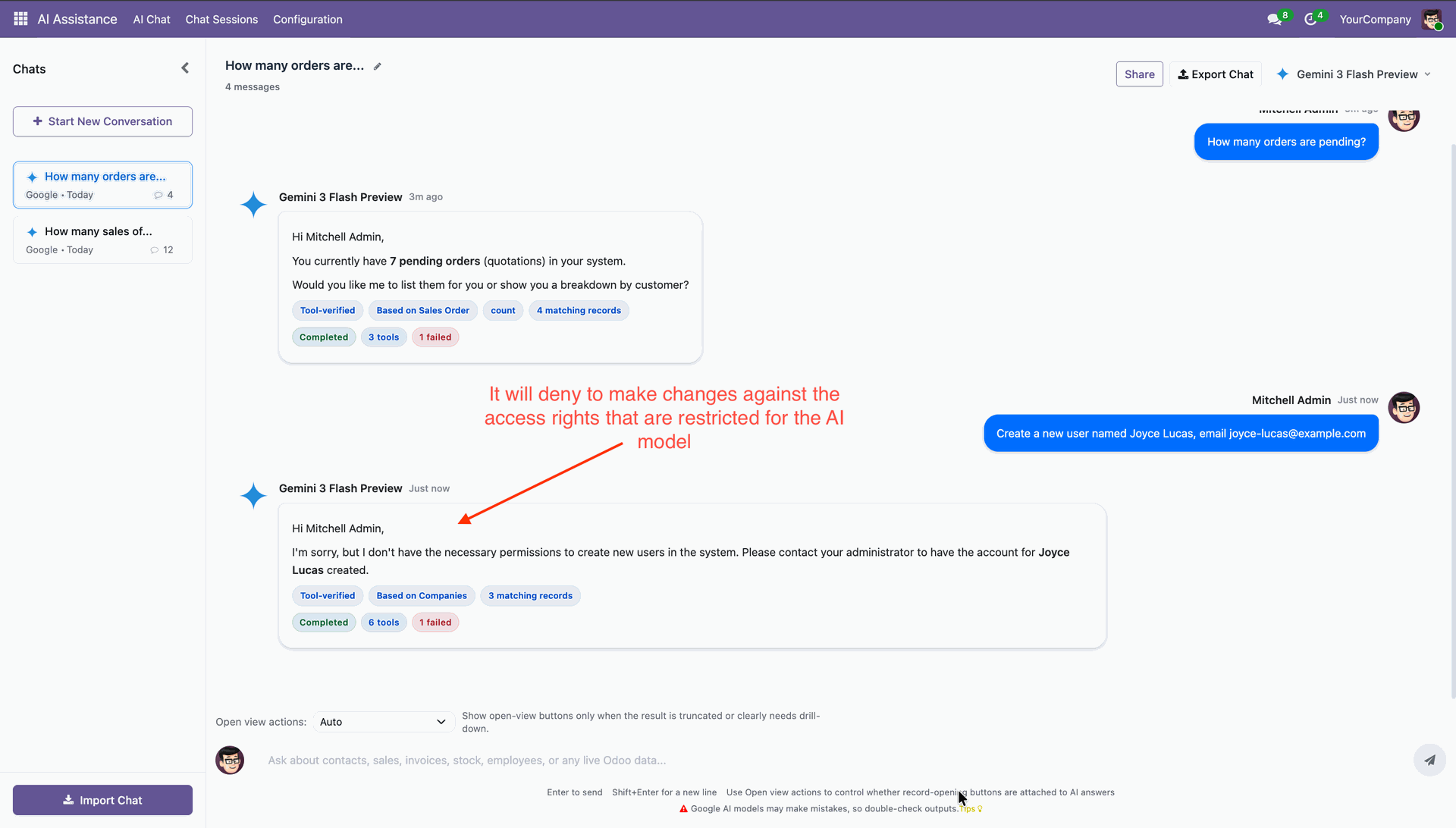 AI denies actions restricted by access permissions