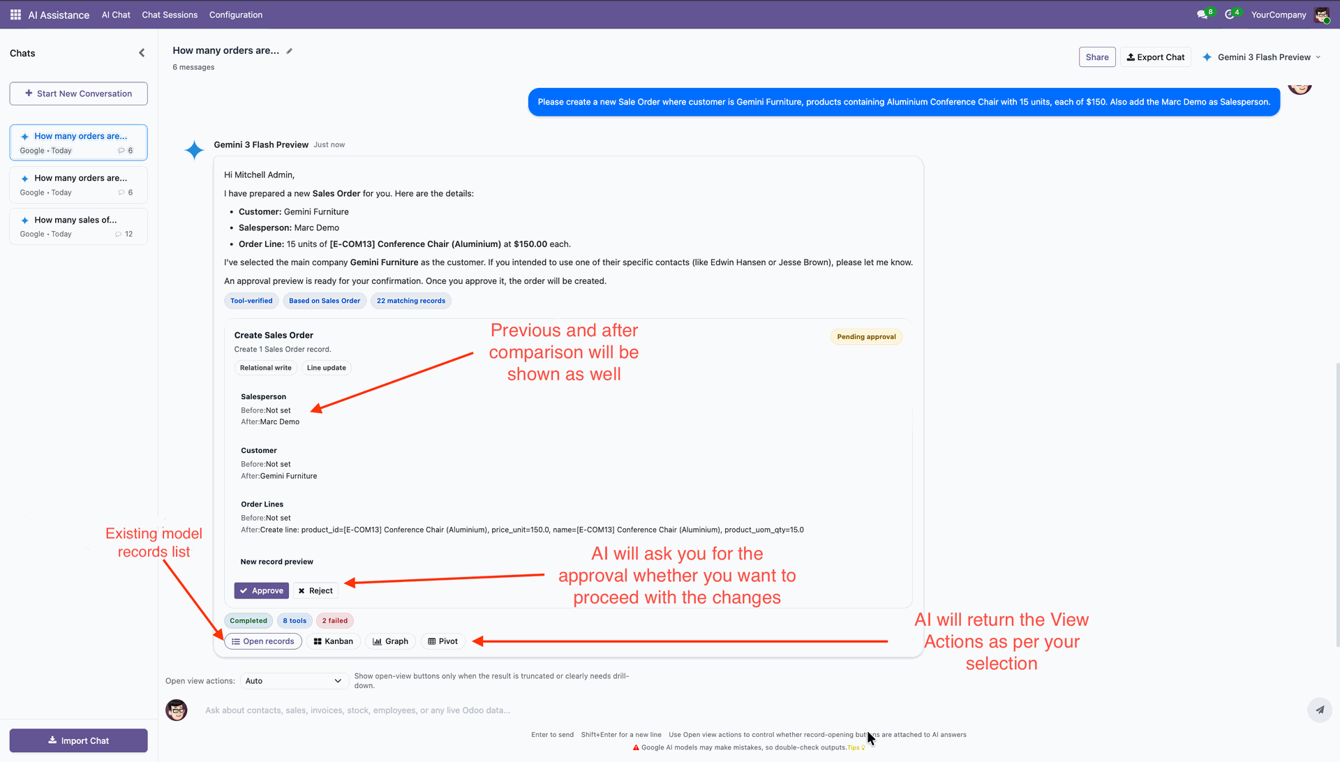 AI approval preview for record creation in Odoo