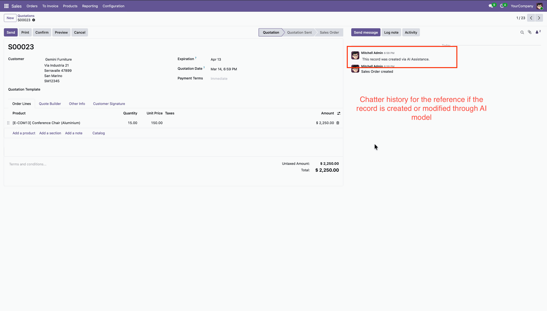 AI activity recorded in Odoo chatter history