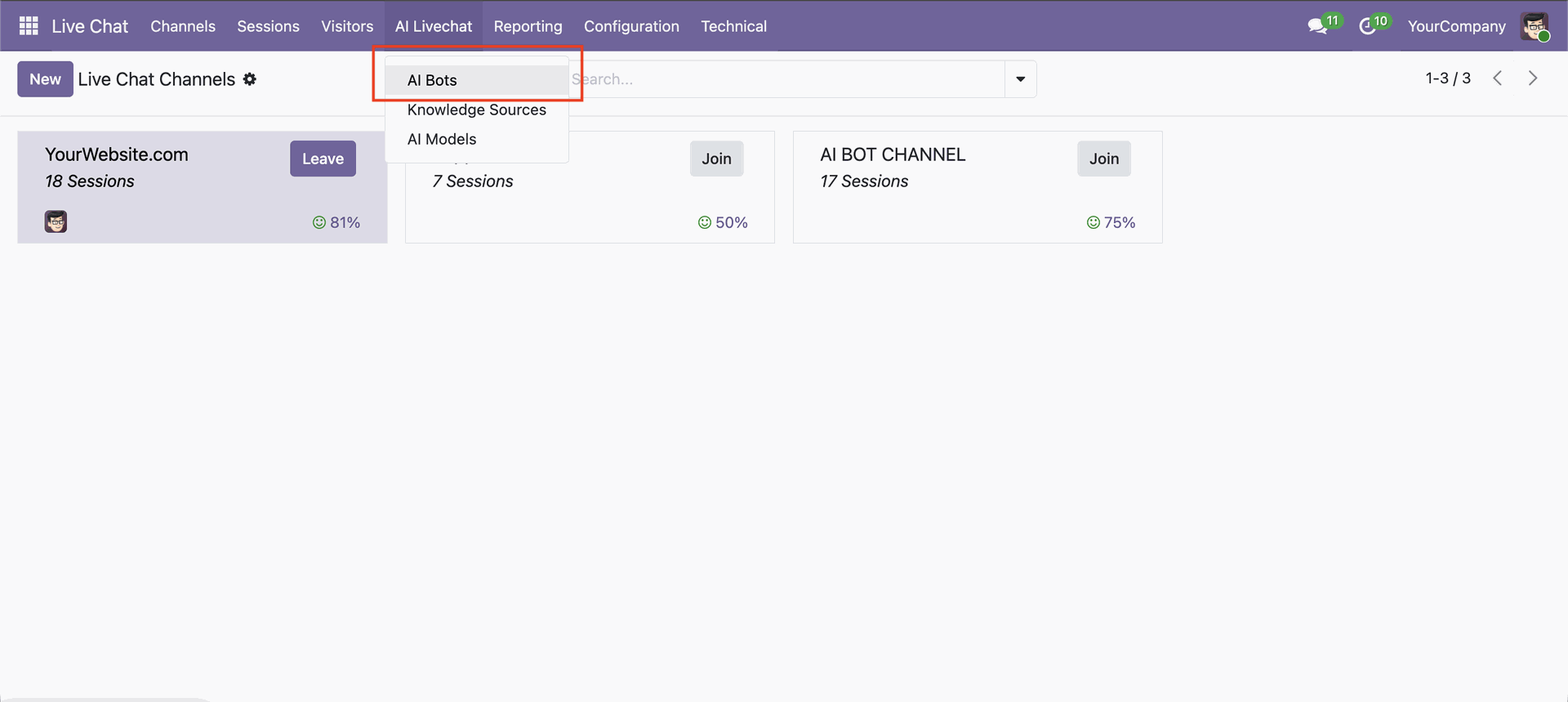 Open AI Bots menu in AI Live Chat settings