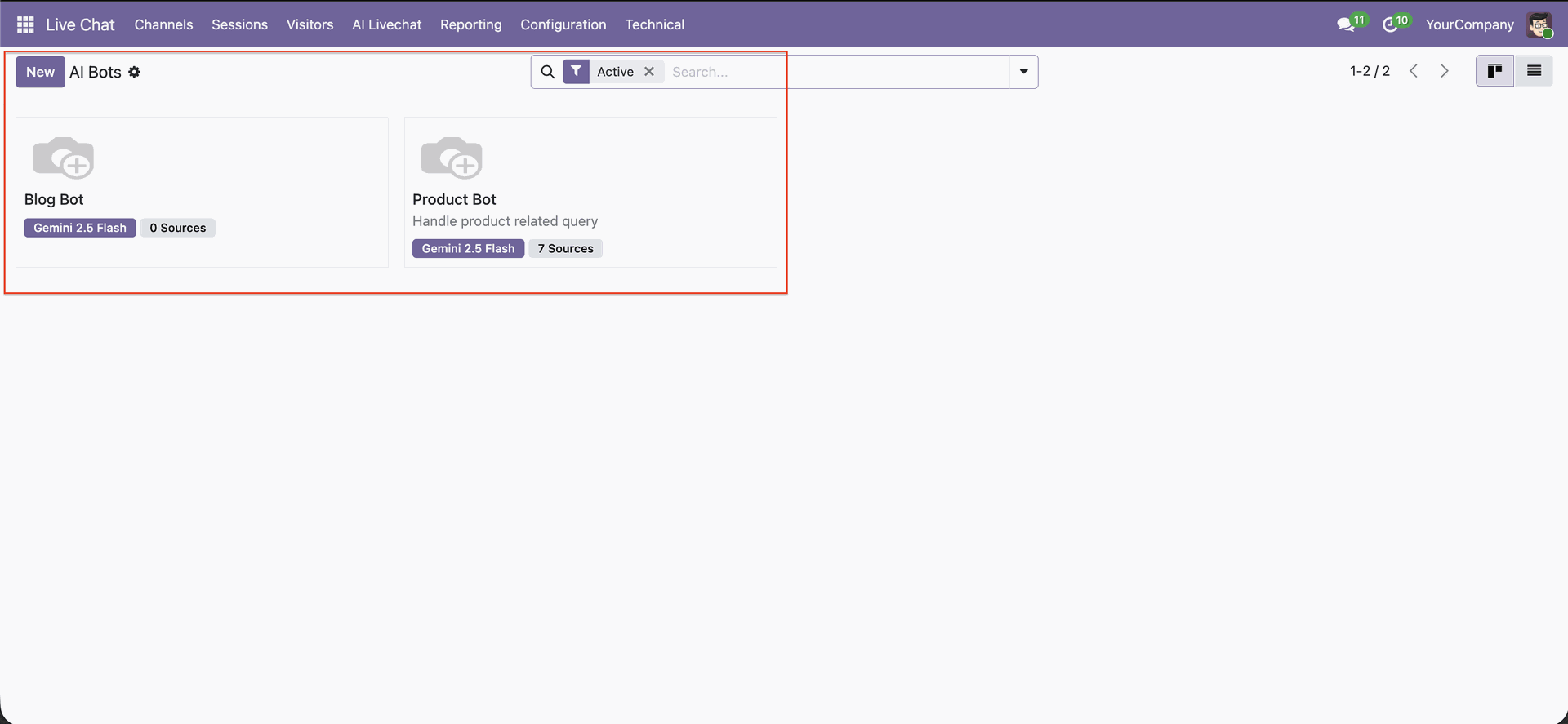 View configured AI bots with models and sources